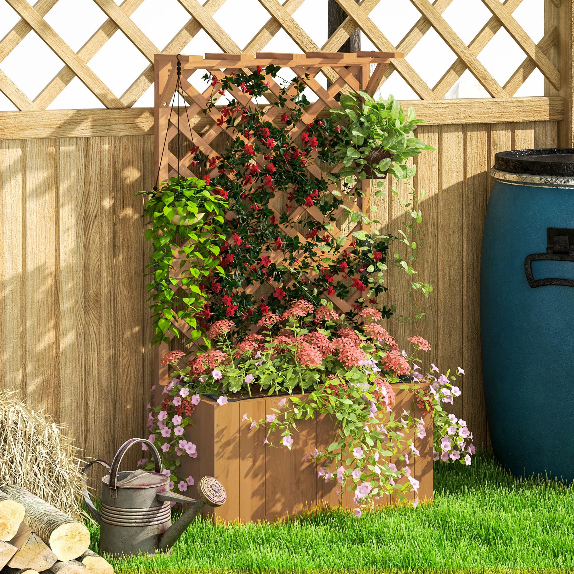 Outsunny Jardinière avec Treillis, bac à Fleurs, lit surélevé en Bois Massif avec Trous de Drainage et Doublure, pour Plantes grimpantes, légumes et Fleurs, 64 x 33 x 122 cm, Bois Naturel