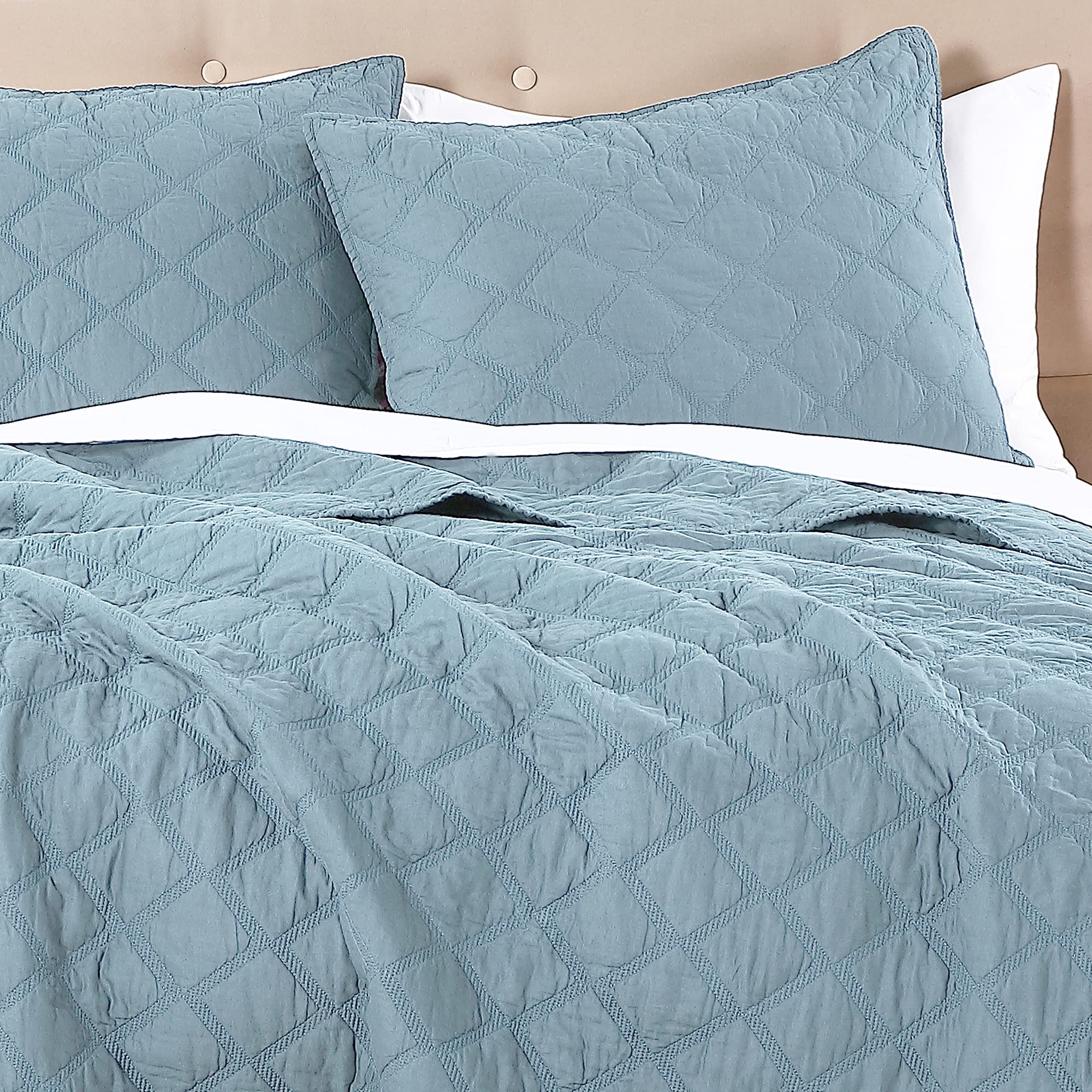 Anne Klein 100% Cotton Classic Diamond 3 Piece Quilt Set, Full/Queen, Light Aqua