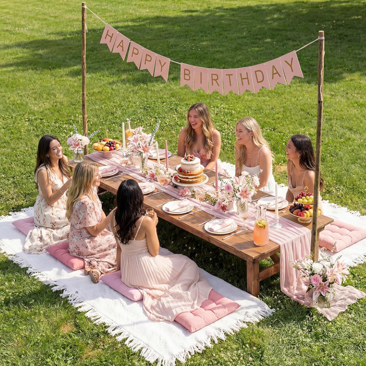 Extra Large Outdoor Picnic Blanket with Table Runner and Floor Pillow Cushion for Picnic Wedding Birthday Baby Shower Backyard Decor(91 x 71'',Pink,8 Pcs)