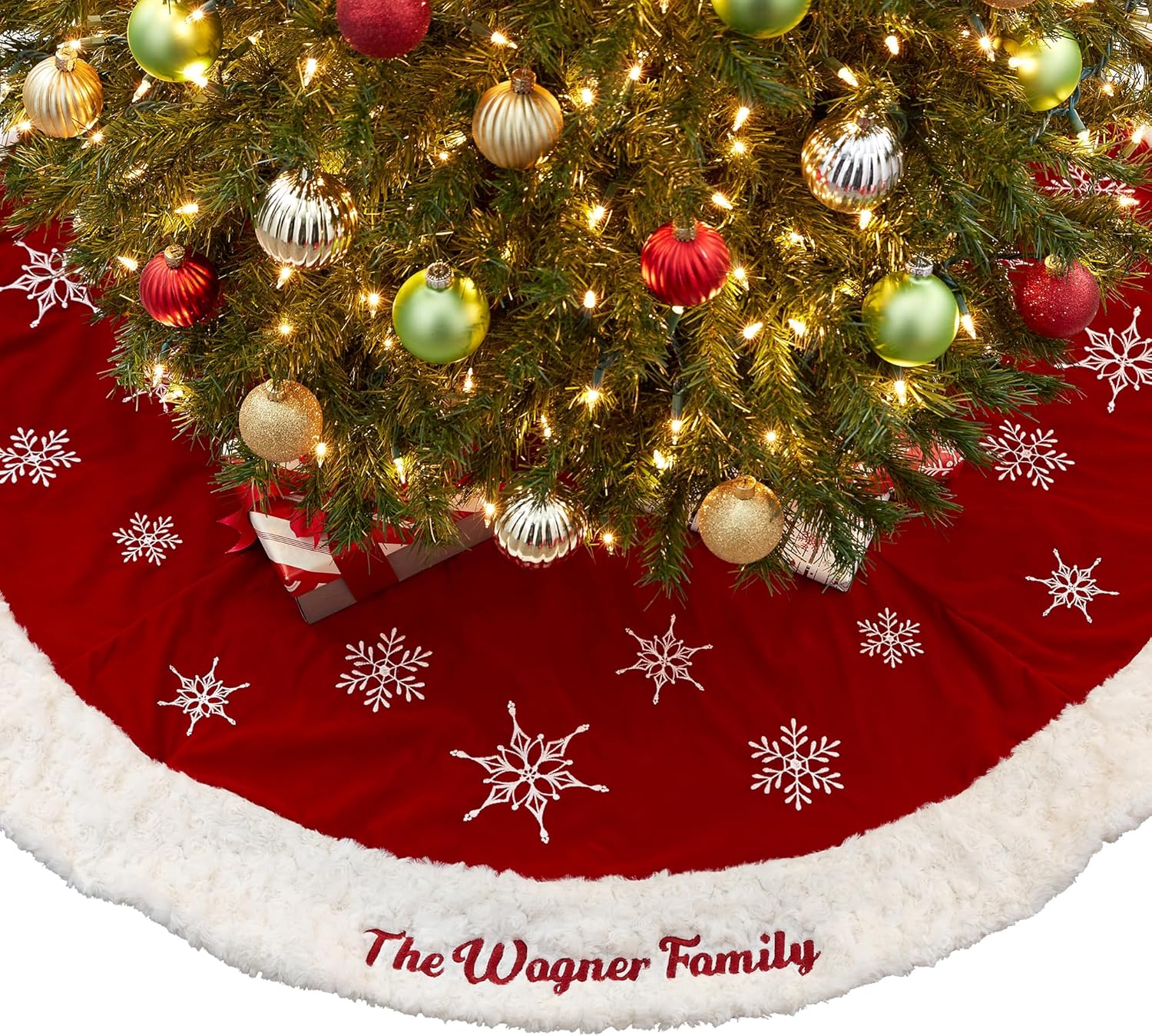 Personalization Universe Winter Wonderland Personalized Tree Skirt - Embroidered Christmas Decorations with Name, 54" Christmas Tree Skirt with Faux Fur & Snowflake Decorations