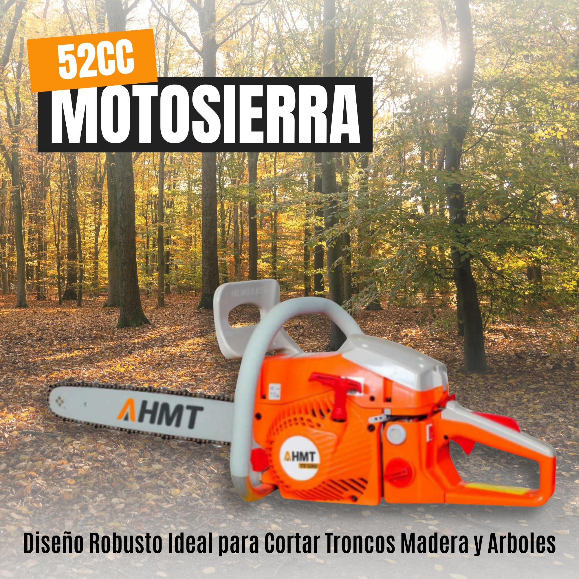 Motosierra Gasolina 52cc Potente y Segura – Espada de 20" con Punta de Piñón, Freno de Cadena, Bomba Automática de Aceite – Ideal para Cortar Leña, Troncos Gruesos | Uso Bricolaje y Jardín