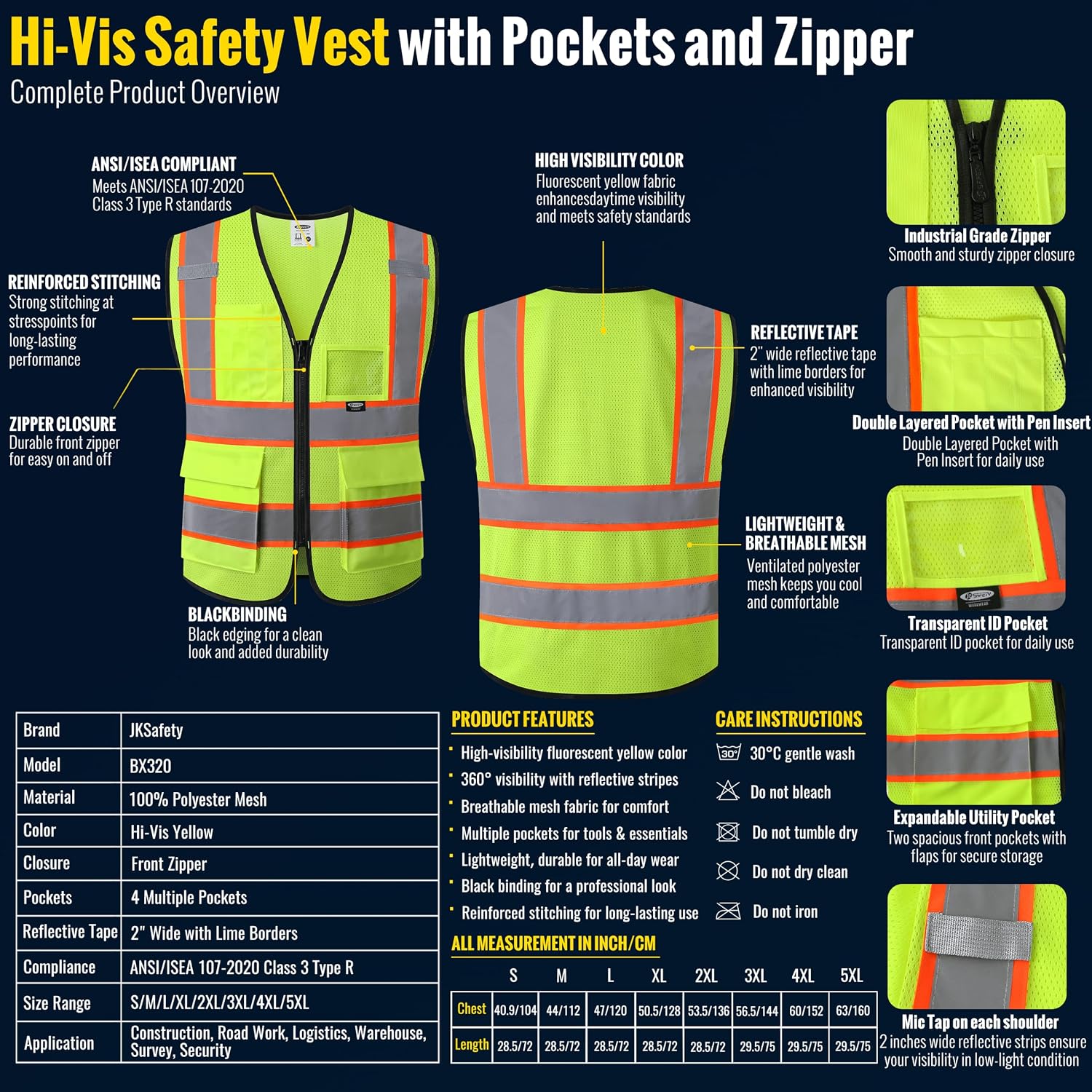  Safety Vest for men women Hi Vis Vest with Pockets and Zipper High Visibility Reflective Vests BX320 thumbnail