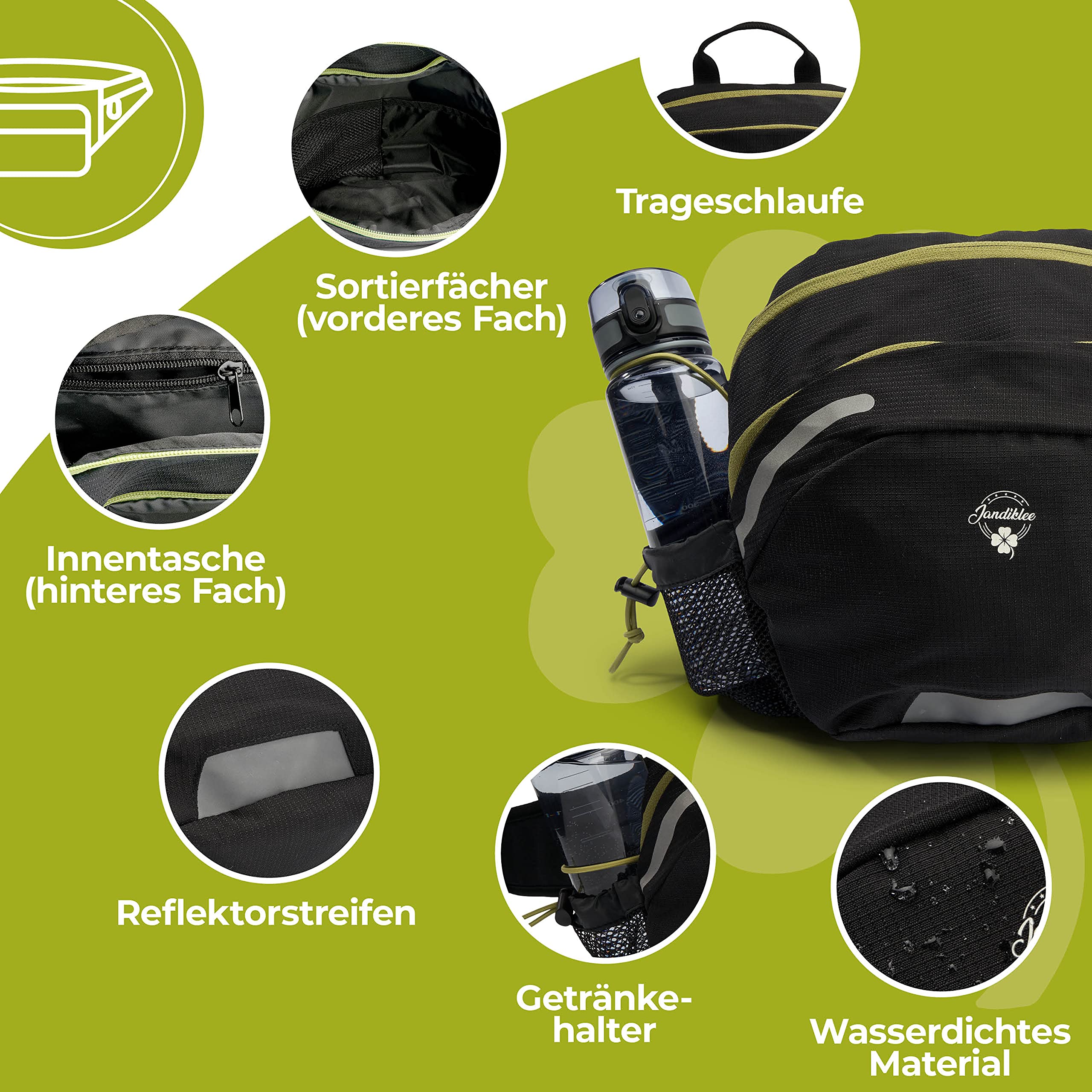 Jandiklee Large 9 Litre Waist Bag with Bottle Holder for Hiking Cycling, Dog Training, Black Green Red, M - Image 3