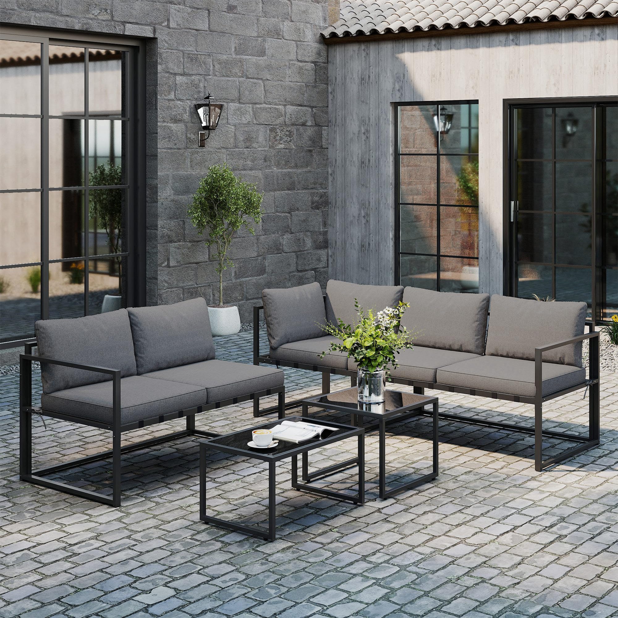 Outsunny Soggiorno da giardino esterno angolare 4 pezzi con divano a 3 posti e 2 posti, 2 tavolini estraibili in vetro temperato, cuscini inclusi, veranda grigio