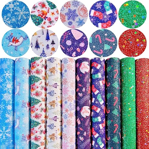 Sábanas de piel sintética con estampado de copos de nieve de Navidad, 8 x 12 pulgadas, tela brillante con purpurina fina para lazos, manualidades,