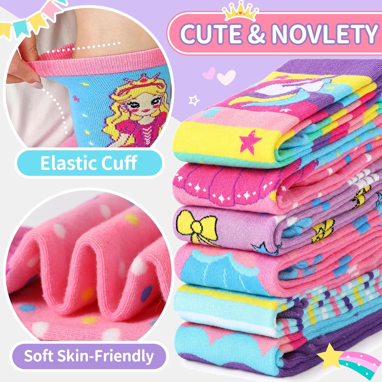 MOGGEI 6 Pairs Kids Girls Knee High Socks Gift Long Crazy Silly Tall Funny Boot Cute Animal Child Fun Socks