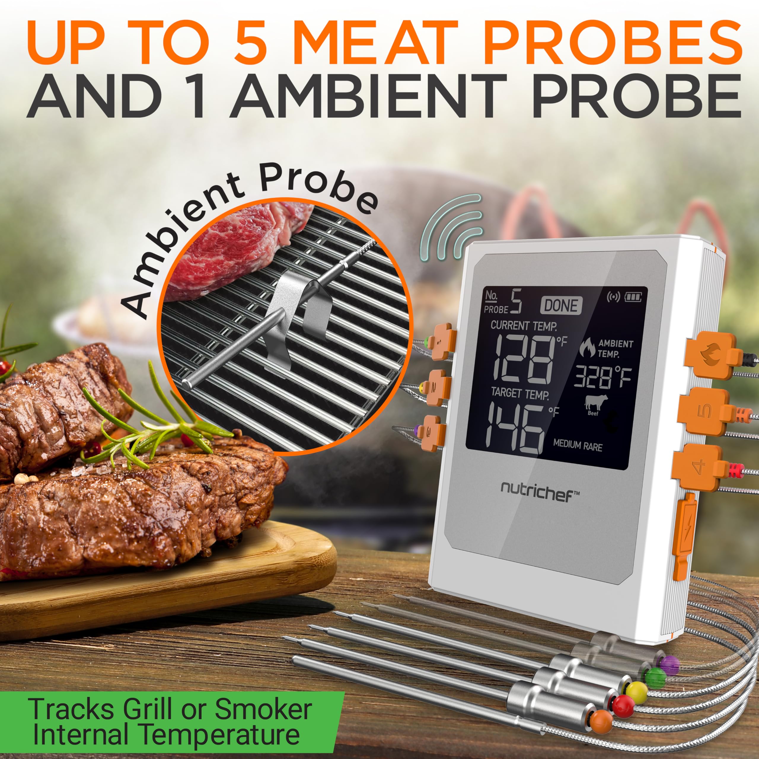 Nutrichef Termómetro inalámbrico para carne con 2 sondas de acero inoxidable, aplicación Bluetooth y WiFi para smartphone para monitorear la temperatura de los alimentos y alertas remotas, pantalla