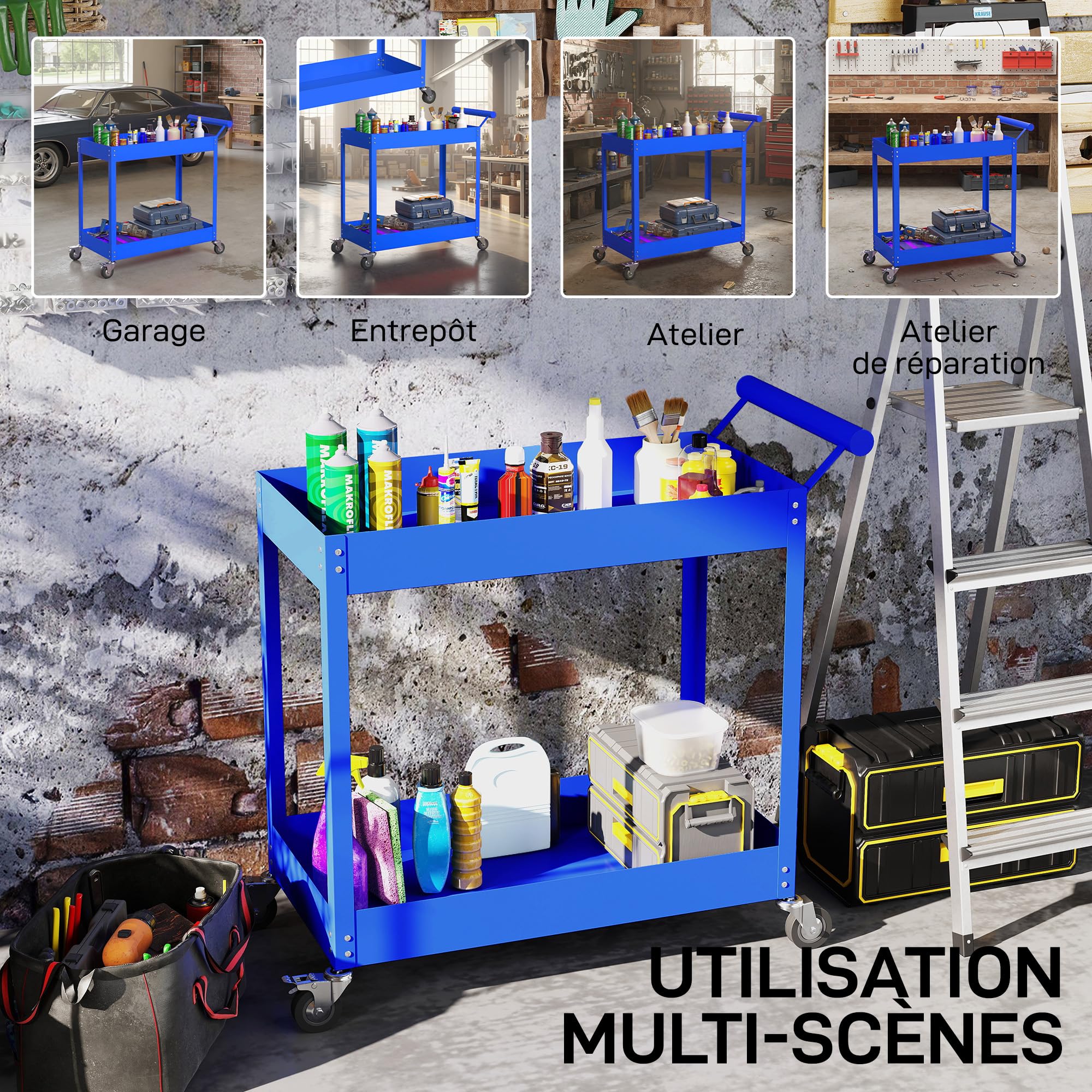 DURHAND Carrello da officina per officina, carrello per attrezzi a 2 livelli, maniglia laterale e ruote bloccabili, per garage, magazzino, utensili fai da te, carico 150 kg, 84,5 x 38 x 84 cm, blu
