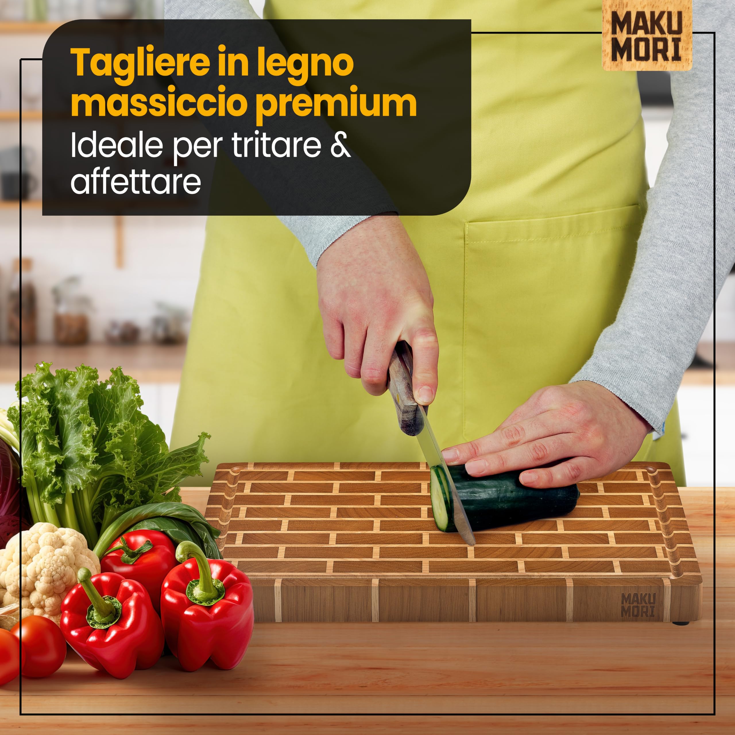 Premium Tagliere Legno di Testa 40x29x3cm Ladrillo Oscuro | Tagliere da cucina in hevea carbonizzato; FSC®; scanalatura per succhi; ampi manici; piedini in gomma antiscivolo