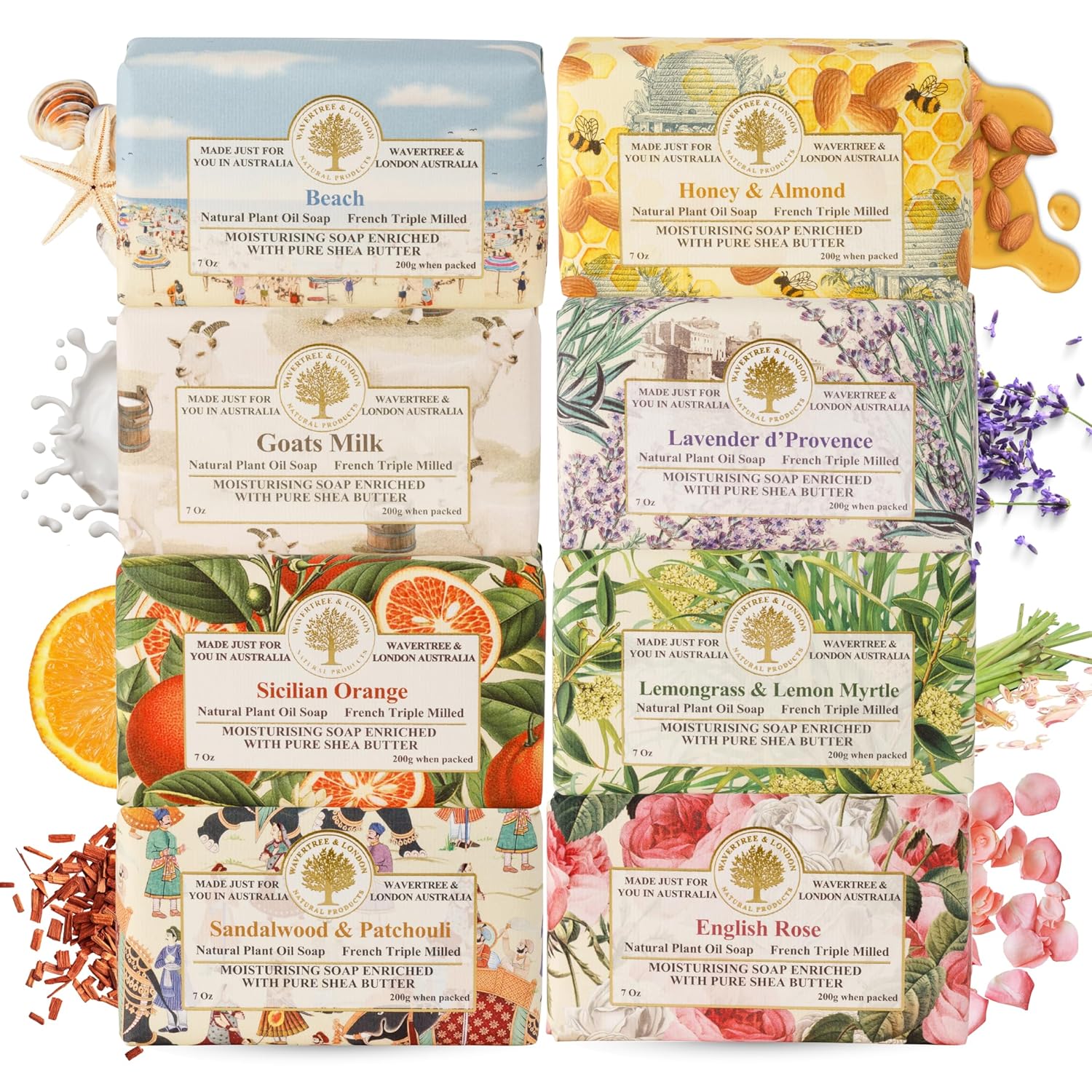 Wavertree & London Assorted Favorites 8 Bars Scented Natural Soap Bars, 7oz Each Moisturizing French Triple Milled Soap Bars Enriched with Shea Butter and Pure Plant Oils | All Body & Bath Soap