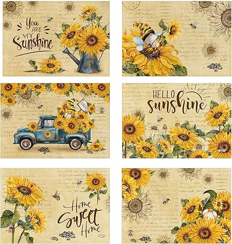 pinata Decoración de cocina de girasol, manteles individuales de girasol, manteles individuales amarillos de granja, juego de 6 para decoración de