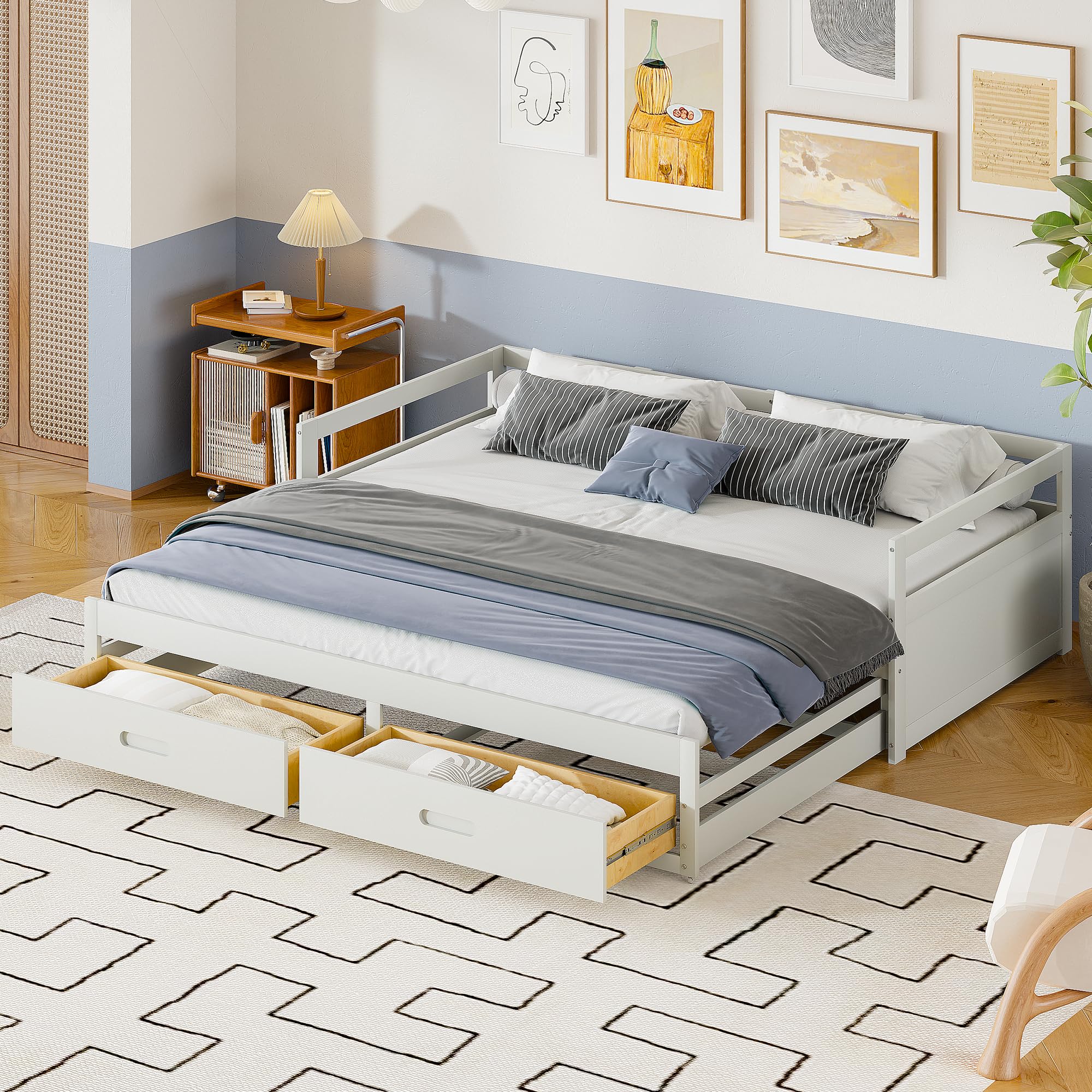 Letto Giorno Divano Letto Estensibile 90/180 x 200 cm, Letto Giorno con Cassetti e Reti a Doghe, Letto per gli ospiti (Bianco)