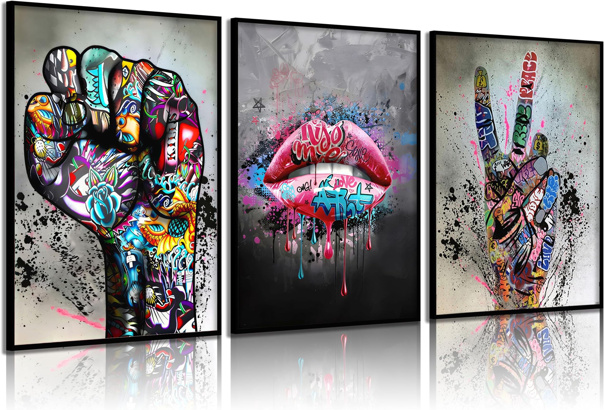 Colorful Graffiti Canvas Wall Art Abstract Street Graffiti Painting Picture Wall Decor Trendy Lip and Hand Gesture Poster Print Artwork for Living Room Bedroom Bar Cafe, Unframed
