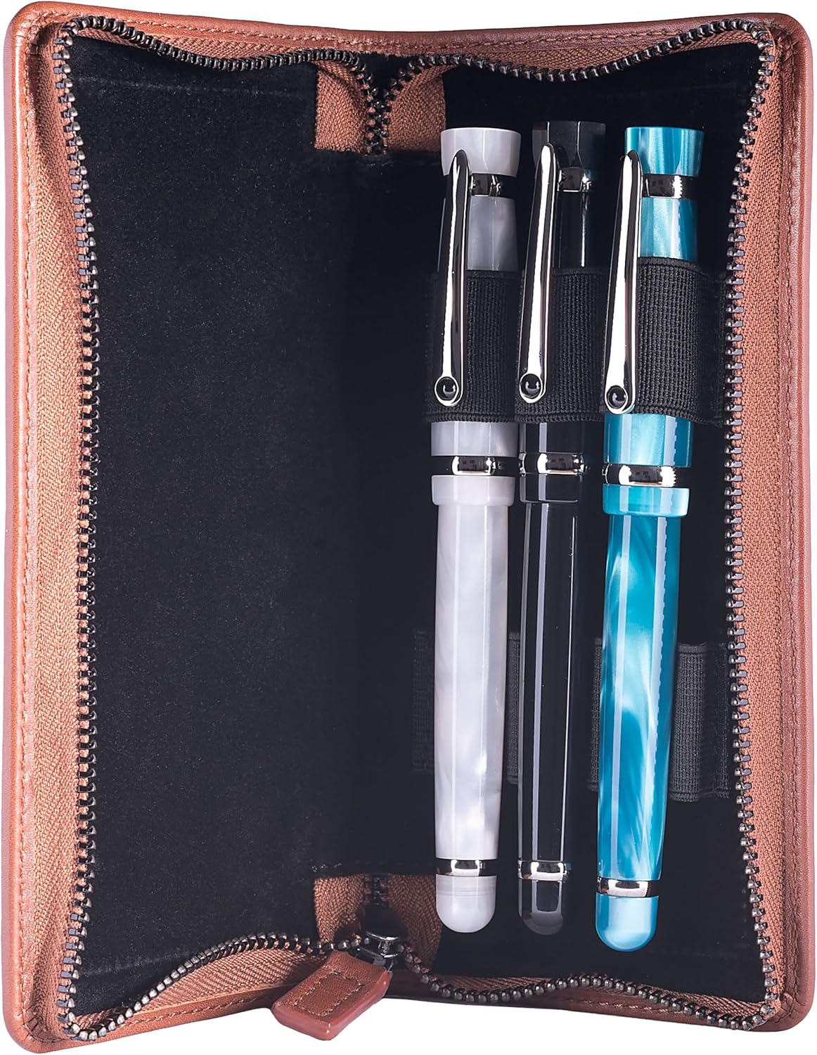 DiLoro Leather Zippered Triple or Quad Pen Case Pencil Pouch Holder for Three or Four Fountain Ballpoint Rollerball Pens or Glasses (Nappa Bugatti) - Image 4