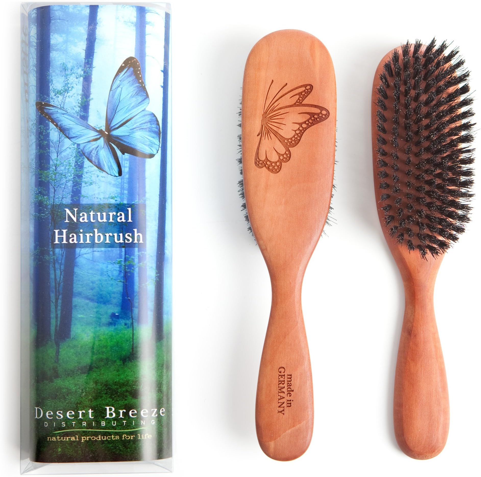 pure Pure Wild Boar Bristle Hair Brush, Model PW1, 1st Cut Natural Bristles, for Thin Hair, Pear Wood Handle, Made in Germany, by Desert Breeze Distributing