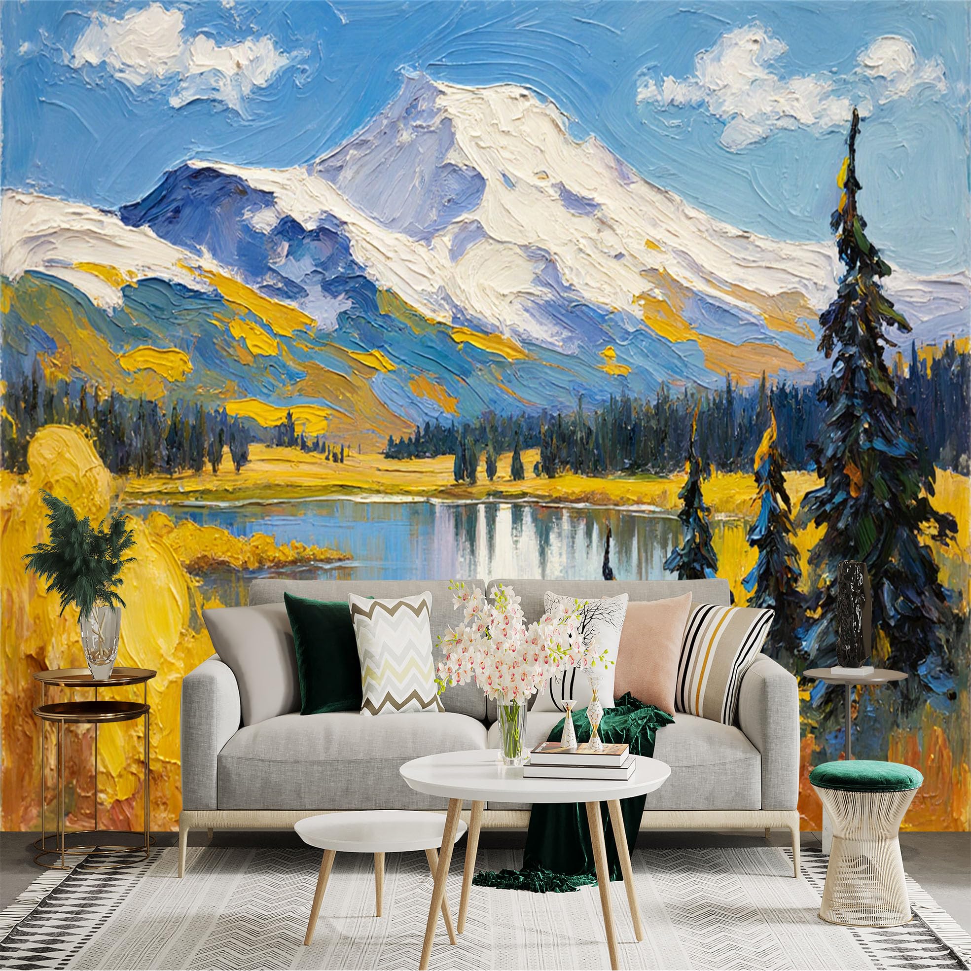 Lnzczhyre Xc260505786 Custom Size Wall Sticker Mural， Oil Painting Of Snowy Peaks， Golden Autumn Forest， Reflective Lake Scenery， For Wall Decoration， Peelandstick Wall Decals.