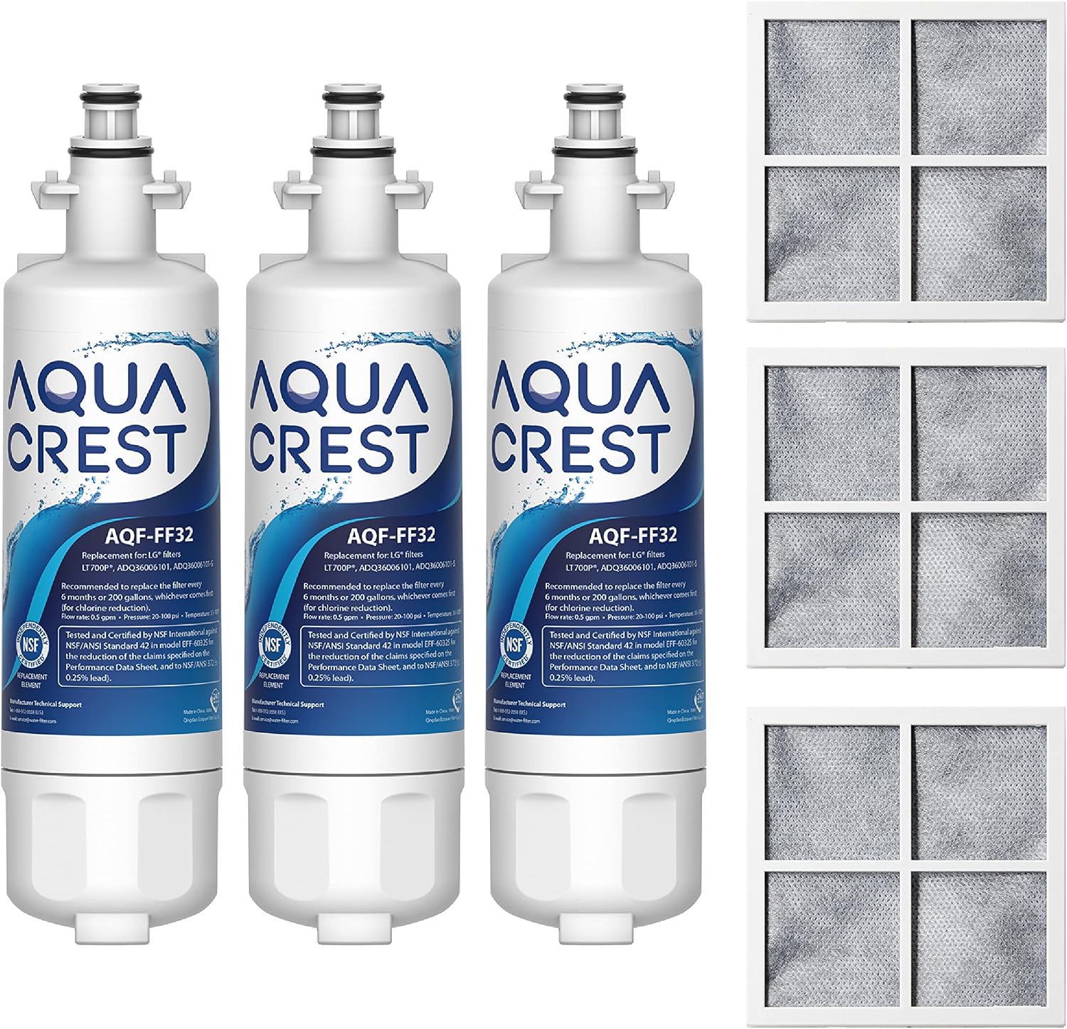 AQUA CREST 469690 ADQ36006101 Refrigerator Water Filter and Air Filter, Replacement for LG® LT700P®, Kenmore® 9690, 46-9690, ADQ36006102 and LT120F®, 3 Combo (package may vary)