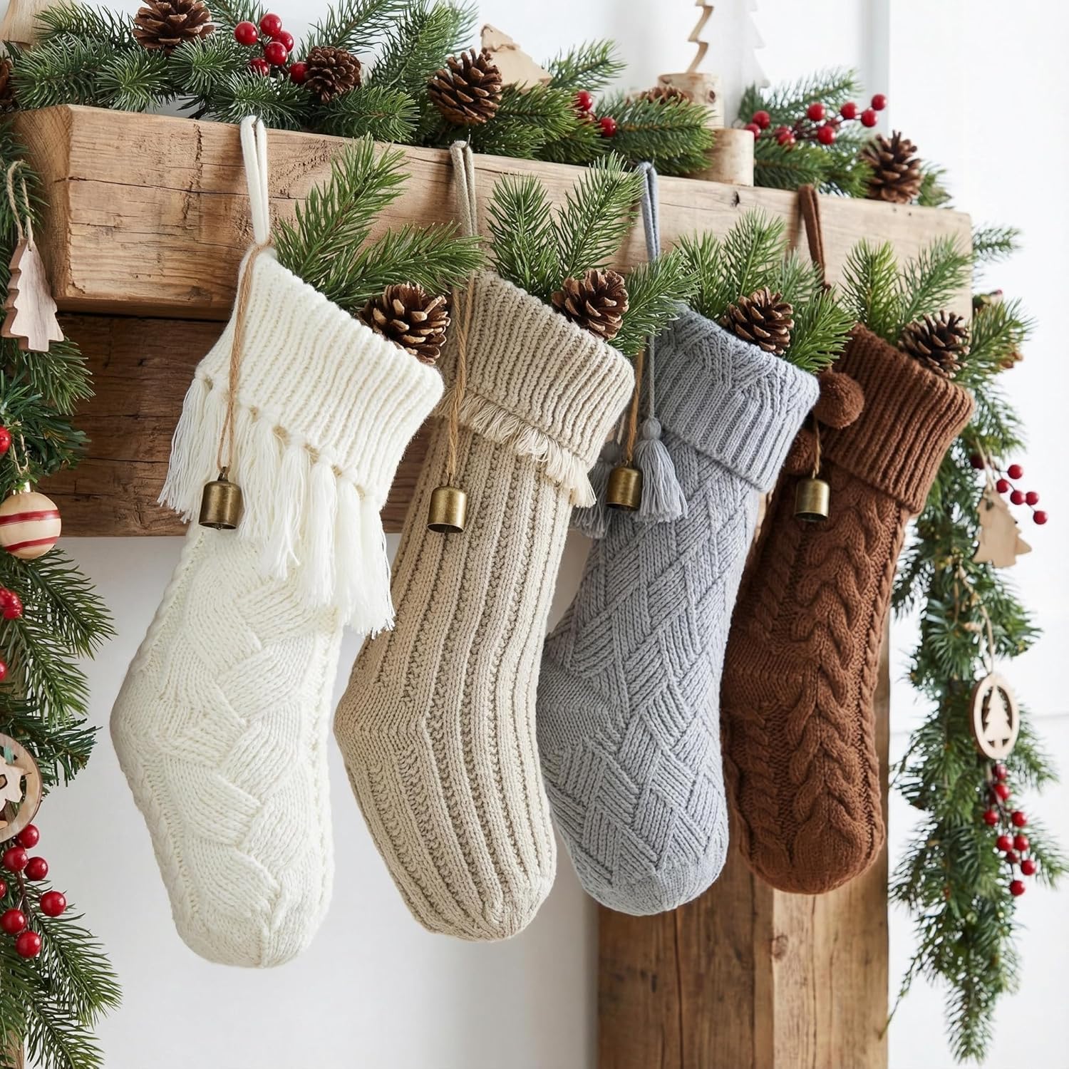 Estune 4 Pack 18'' Boho Brown Christmas Stocking with Bells Cable knitted Christmas Stocking Large Neutral Farmhouse Vintage Xmas Hanging Decorations for Fireplace Family Holiday Decor(Vintage)