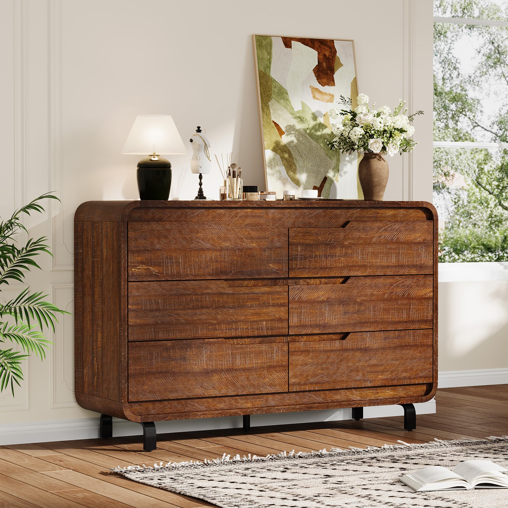 6 Drawers Dresser for Bedroom & Nursery, Modern Dresser with Safe Rounded Corners & Hidden Handles,Wooden Dresser Chest with Heavy Duty Anti-Tip