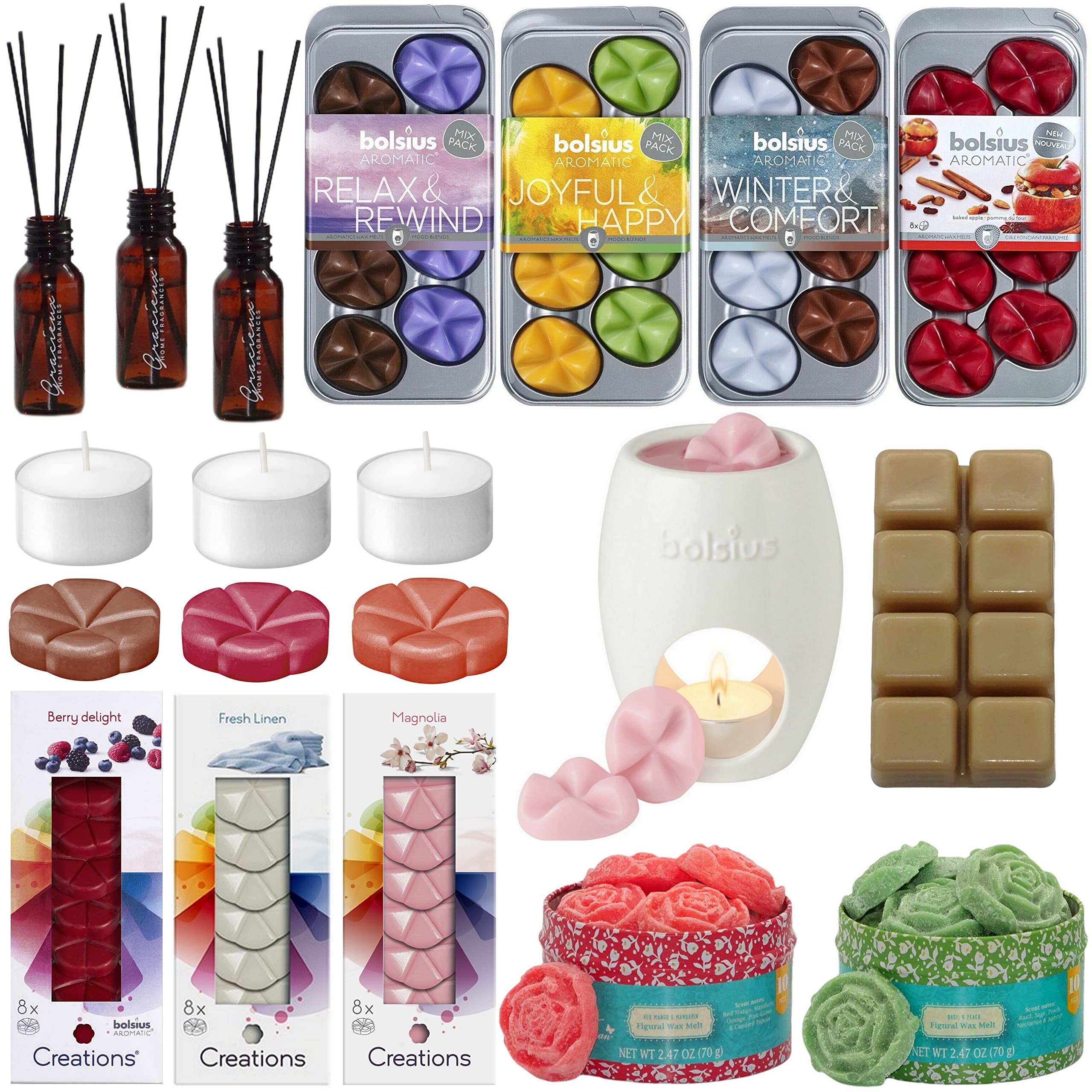 150-teiliges Überraschungs Duftset: 96 Duftwachs Melts + 50 Teelichter + 3 Diffuser + Duftlampe, Aromatik Geschenkset Mix Paket verschiedene Düfte