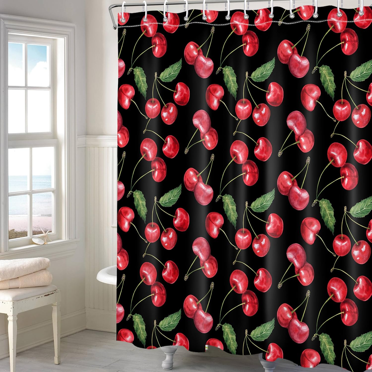 Girly Cherry Shower Curtain Cute Pretty Bathroom Décor Fun Kawaii Shower Curtain Pink Cloth Fabric Shower Curtain Black