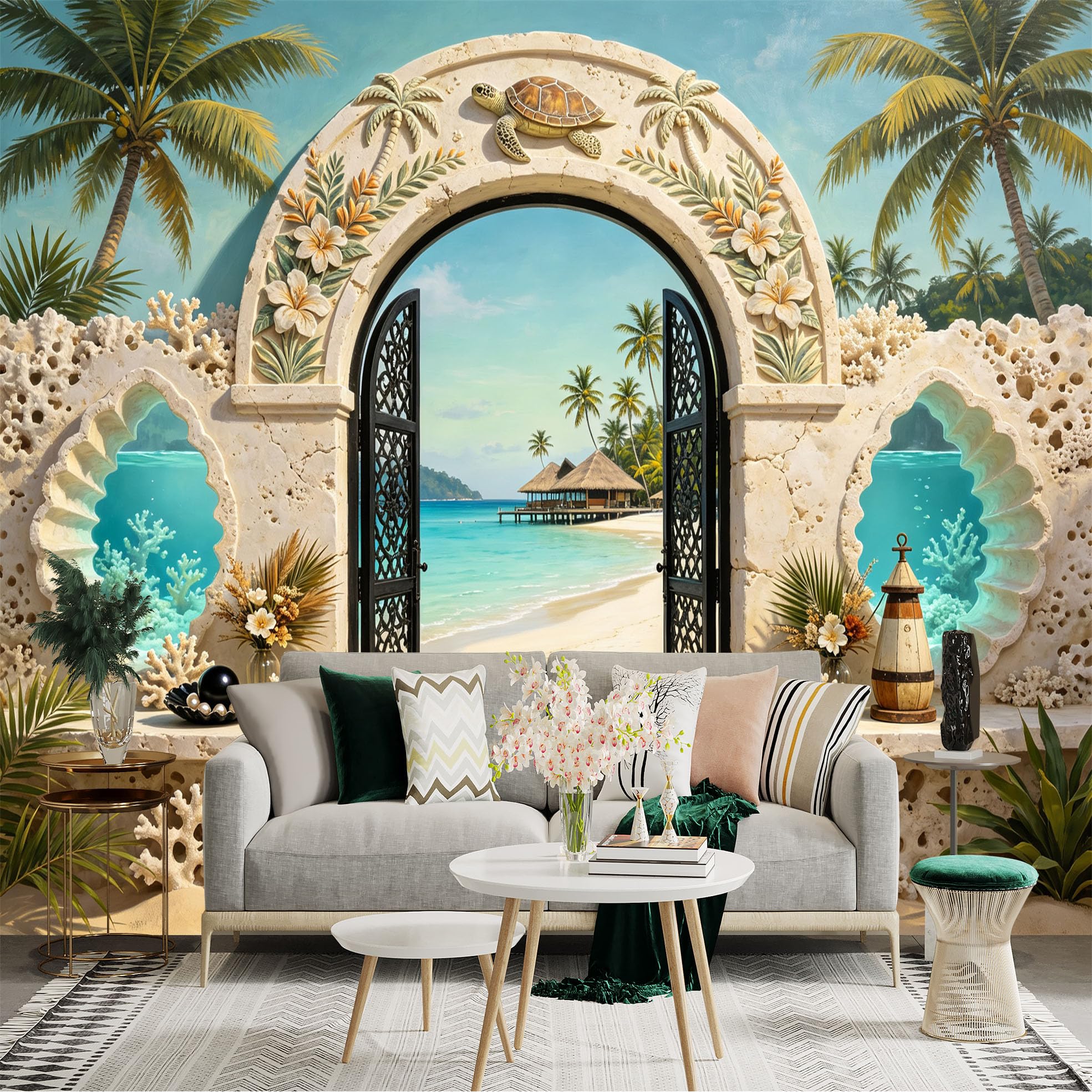 Custom Size Wall Sticker Mural， Tropical Beach Archway， Palm Trees and Ocean View， for wall Decoration， peelandstick wall Decals.