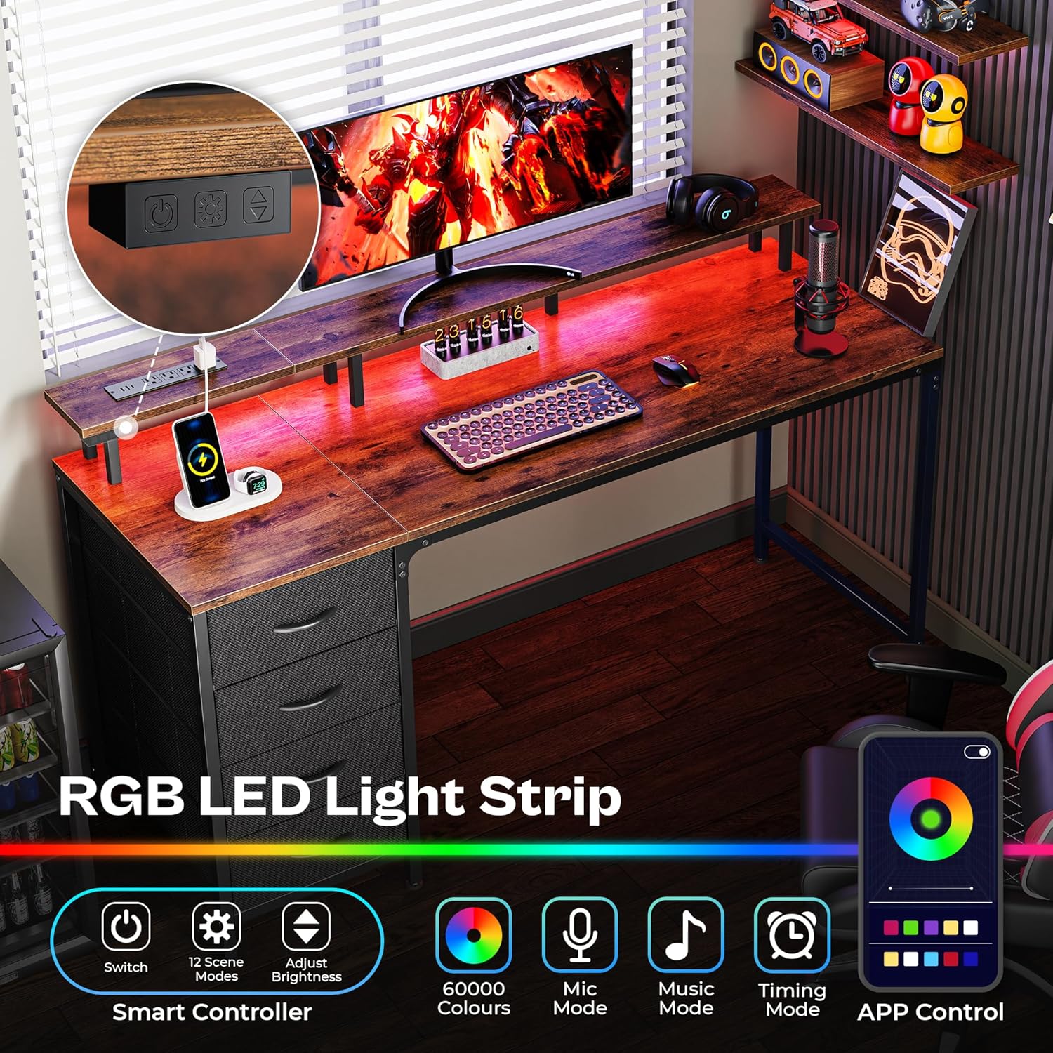 Huuger 47 Inch Computer Desk with Power Outlets and LED Lights, Gaming Desk with 4 Drawers, Office Desk with Monitor Stand, Study Work Home Office, Small Spaces, Black The Forest Stewardship Council - imagen 2