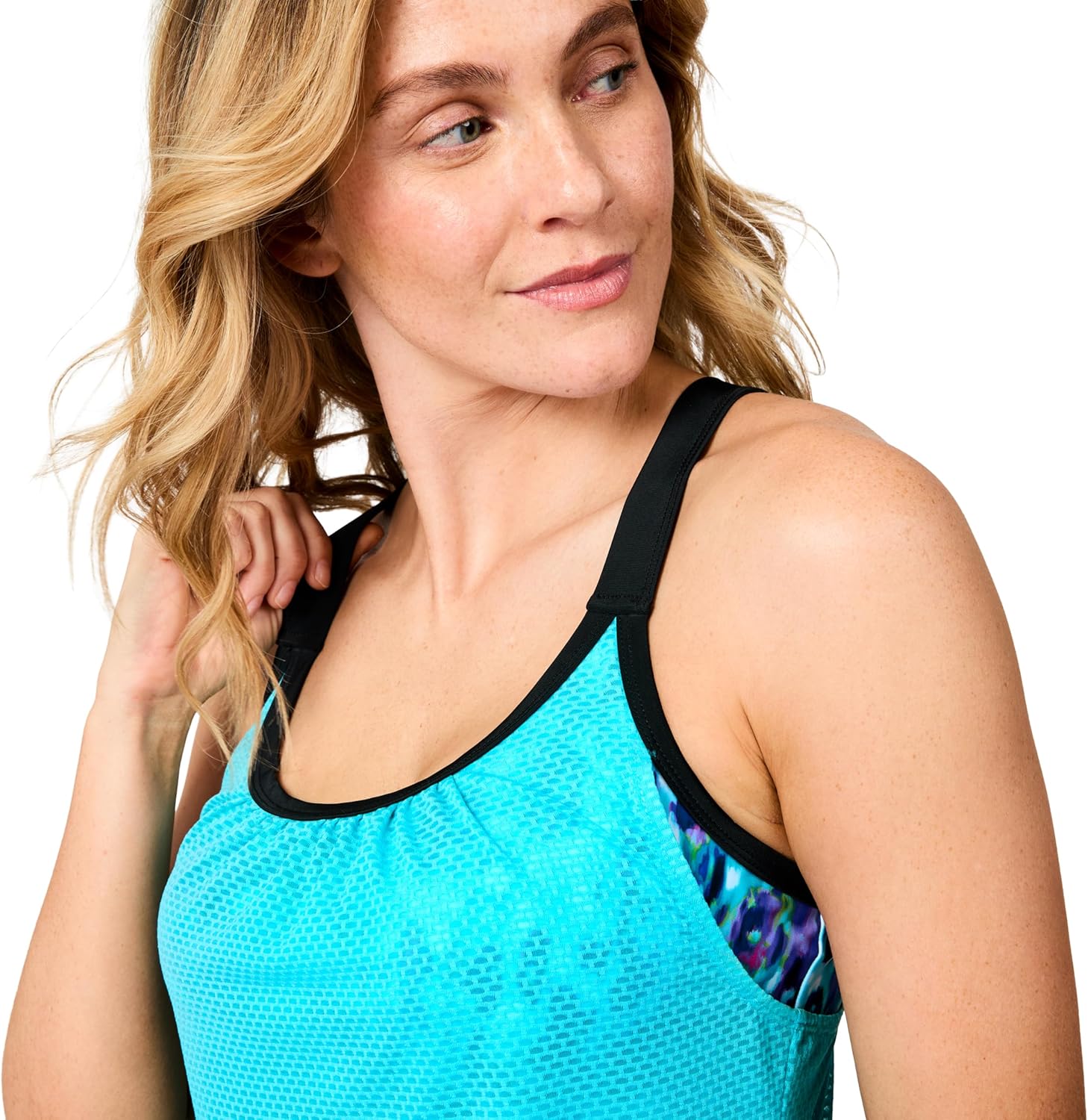 Free Country Women's Textured Mesh Side Tie Blouson Tankini Top