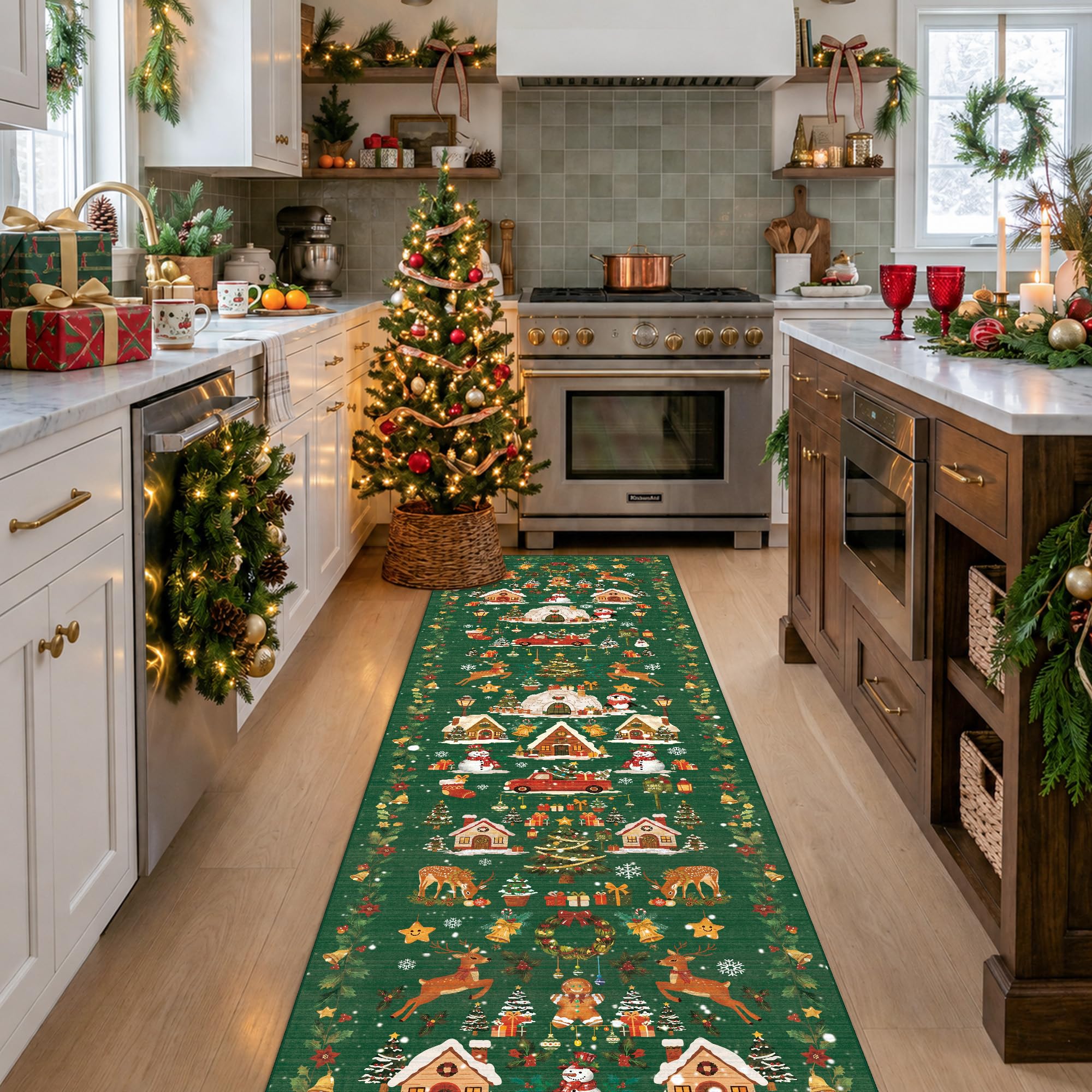 Vintage Christmas Runner Rug 2x8: Santa Claus Runners for Hallways Kitchen Non-Slip Washable Entryway Bathroom Rugs Winter Soft Low Pile Floor Carpet for Bedroom Holiday Decoration Present（2x8，Green） — image 1