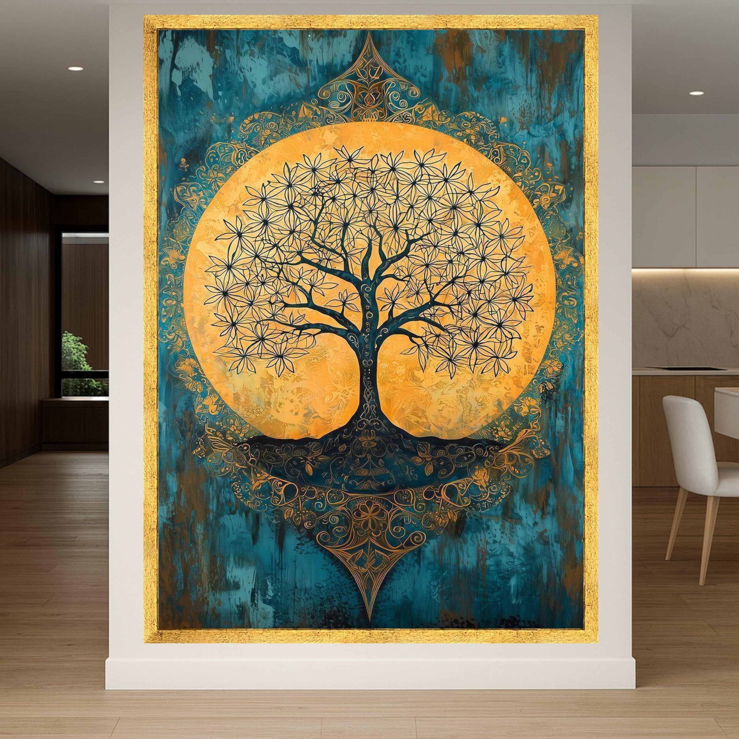 LMYCHENG Obraz na płótnie Drzewo Życia, złoty okrąg, wydruki na płótnie do wystroju w stylu boho, nowoczesny abstrakcyjny obraz inspirowany naturą (40 x 60 cm/wewnętrzna rama)