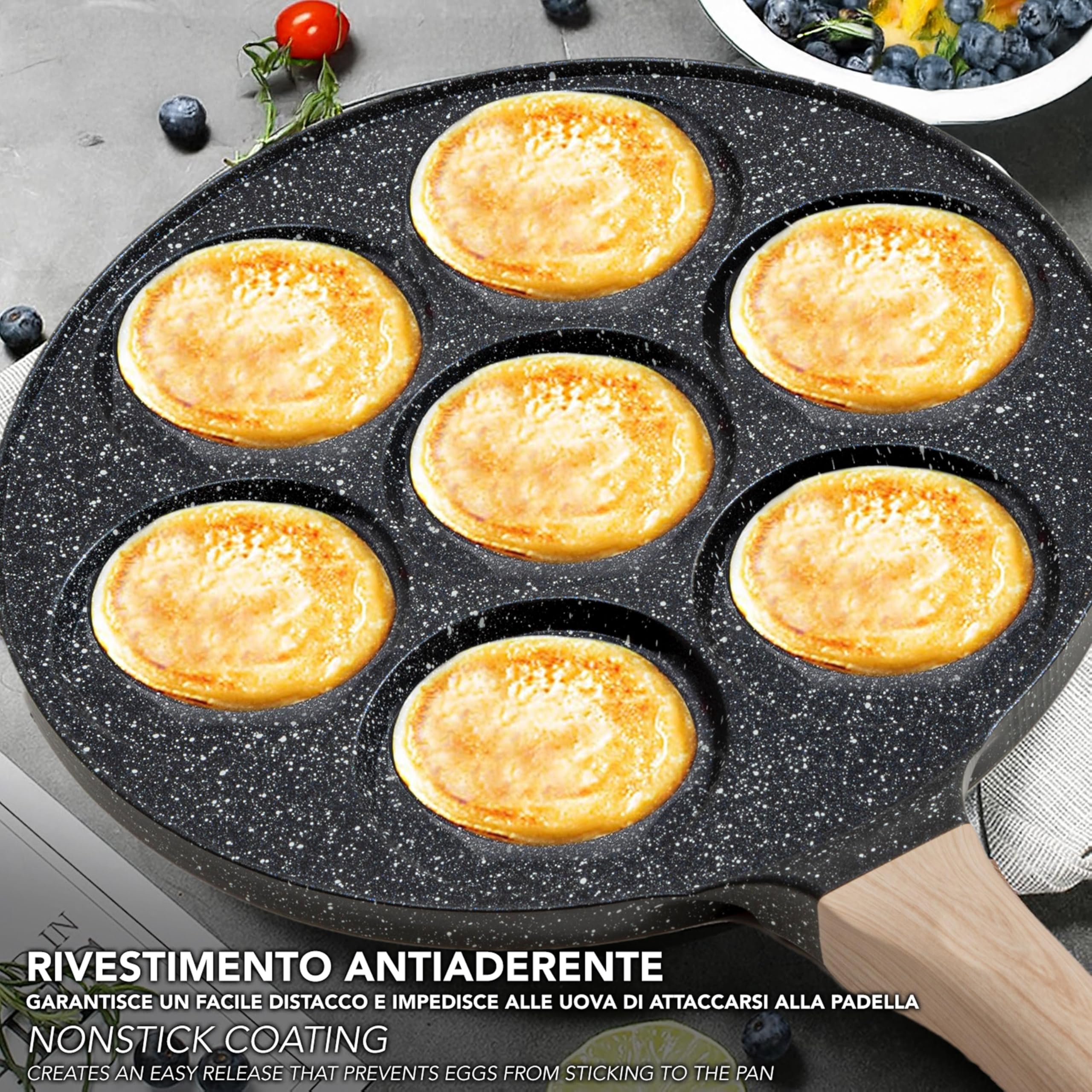 IPEA Padella Pancake Antiaderente per Induzione e Gas - Anti Aderente in Alluminio Per Frittata, Crepes, Uova, Hamburger - Padella da Cucina con 7 Stampi - Manico Comfort - 29 x 26,5 cm