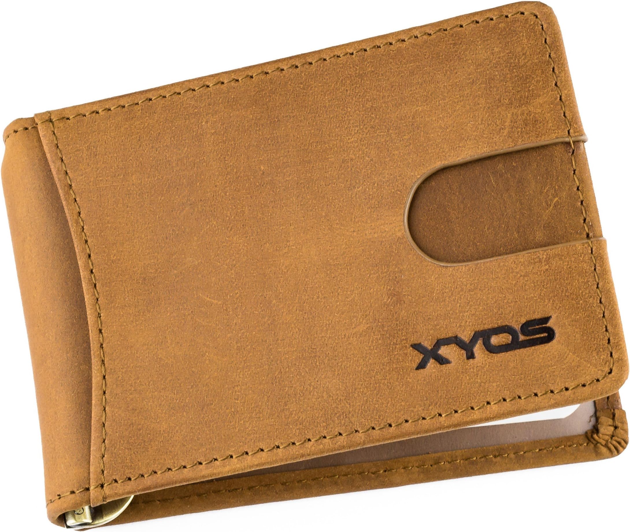 XYOS RFID Blocking Men’s Bi-Fold Genuine Leather Slim Money Clip Front Pocket Wallet (Desert Tan)