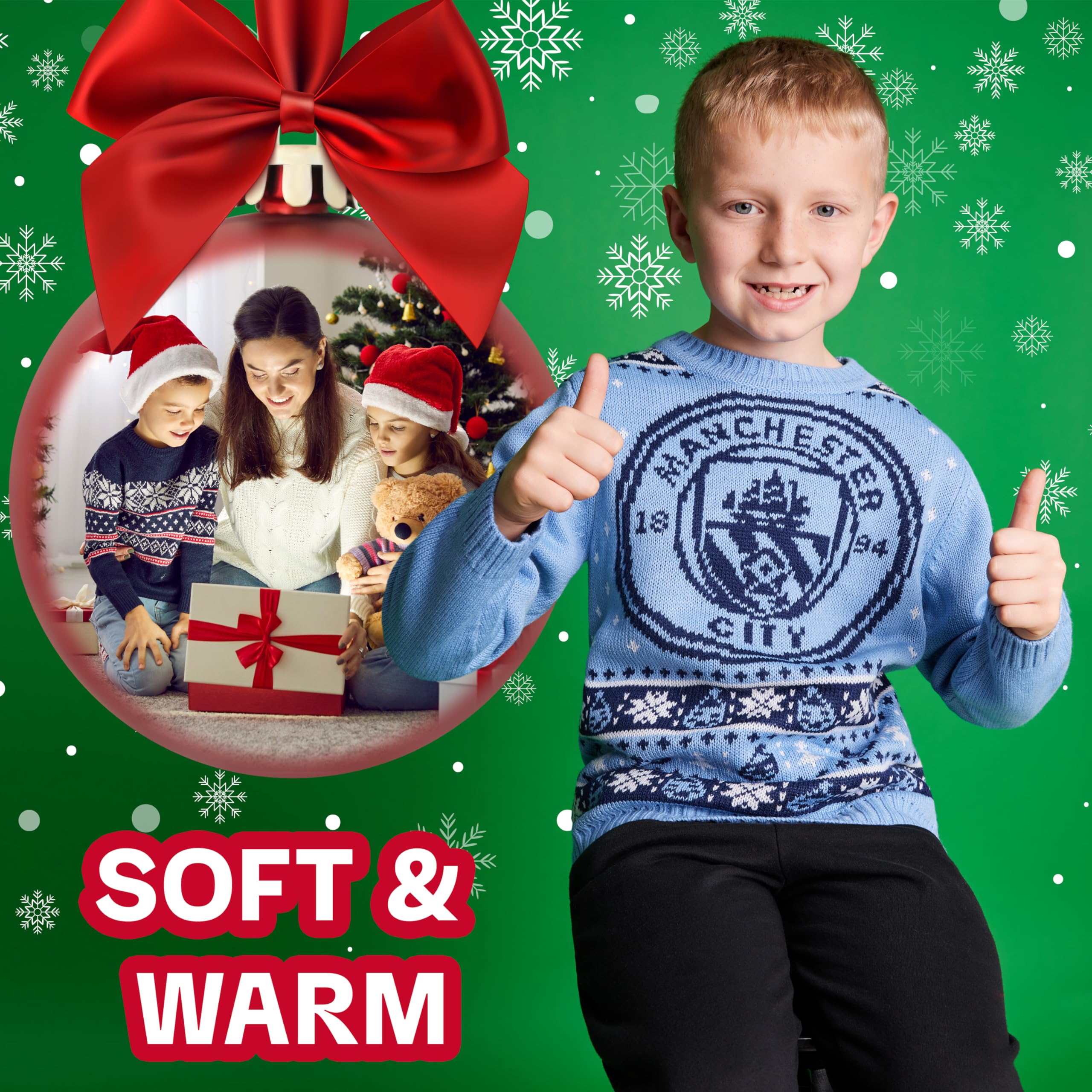 MANCHESTER CITY Sweter świąteczny dla dzieci, nastolatków, ciepły, przytulny, piłkarski, świąteczny sweter 7-14 lat - prezenty Man City dla chłopców (niebieski, 7-8 lat)