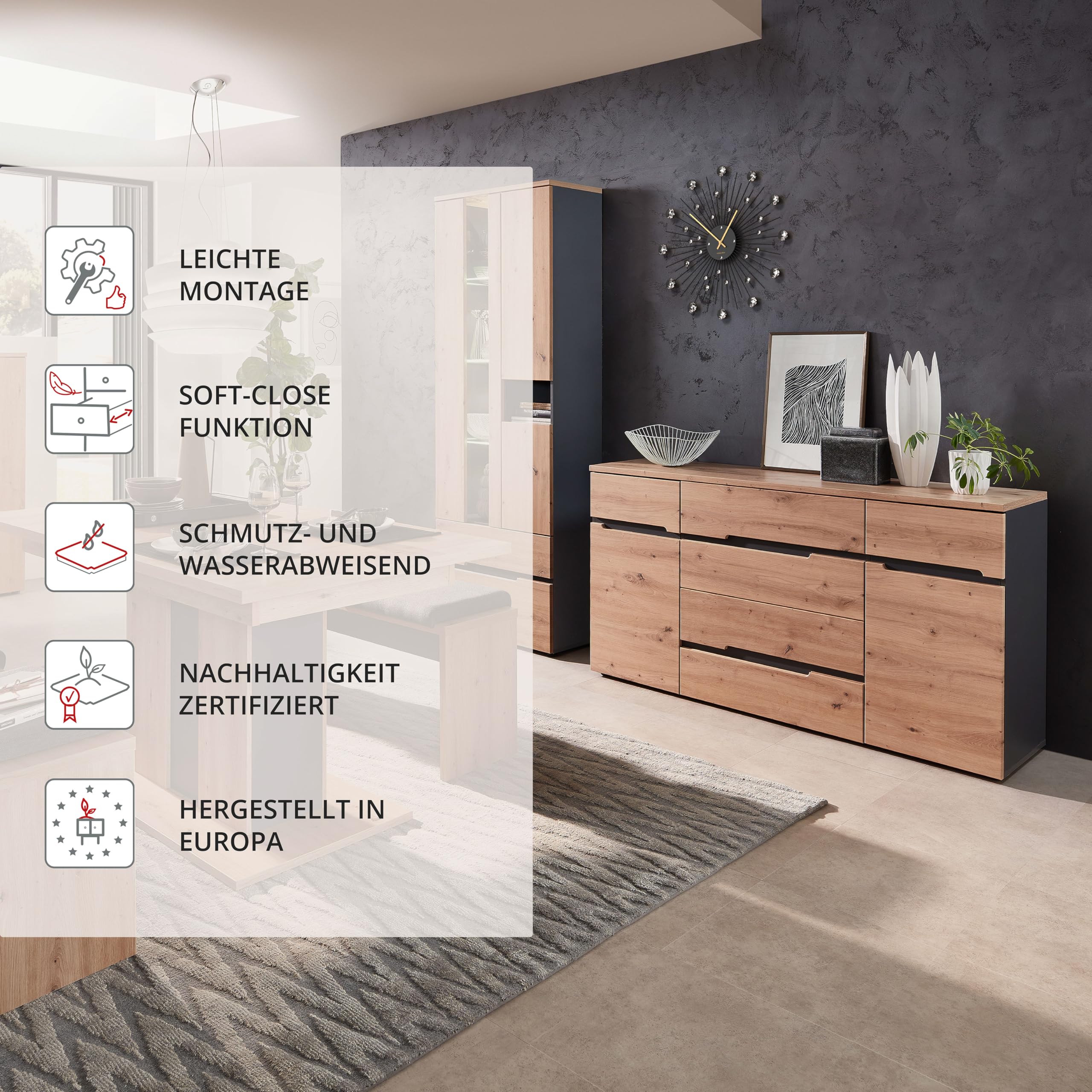 Stella Trading MEMPHIS Sideboard in Artisan Eiche Optik, Graphit - Moderne Kommode mit