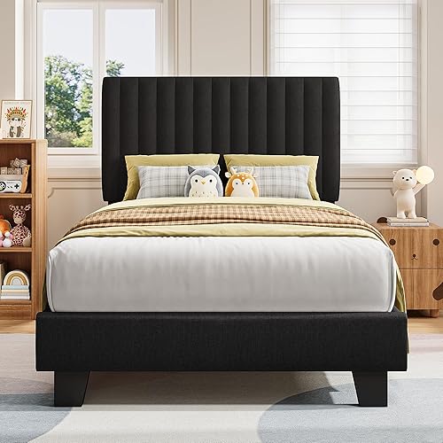 Miniatura 12 de iPormis - Base de cama tamaño Queen, plataforma tapizada con cabecero de lino vertical, patas de cama anchas y soporte de listones de madera