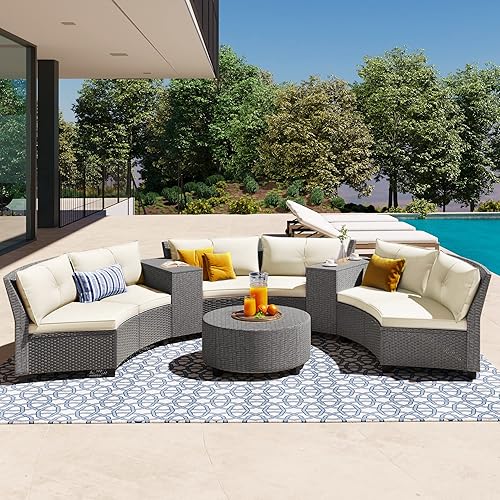 9-Piece Outdoor Half Moon Sofa Set, Rattan Patio Furniture Half Round Fan-Shaped Sofa Set with Round Table, Sectional Conversational Sofa Set with Cushions (9-Piece + Gray + Light Beige)