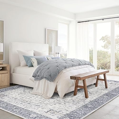 Vista 13 de Alfombra moderna de estilo bohemio para sala de estar, lavable, desgastada, con patrón de medallón de damasco, para sala de estar, hogar, oficina