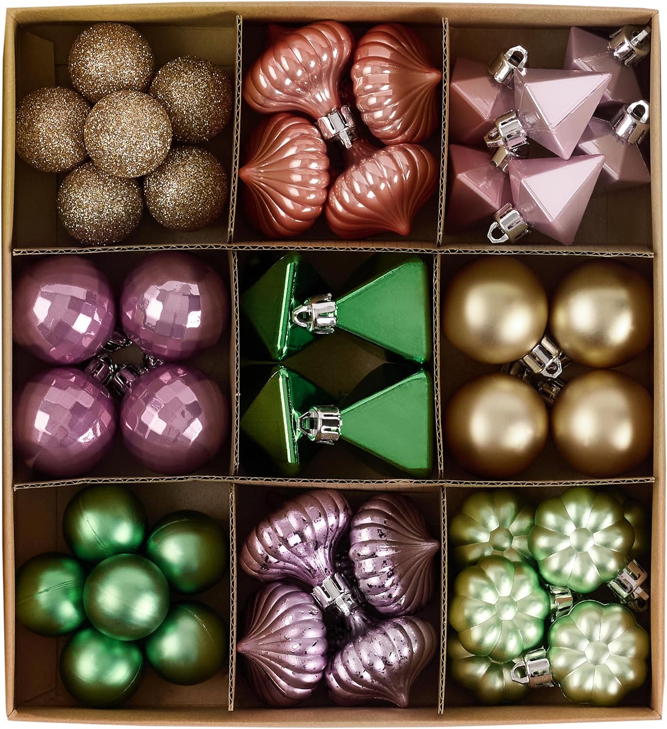 DecorbyHannah Mini Christmas Ornaments Set, 45ct Small Pink and Green Christmas Tree Decorations, Assorted Tiny Pastel Shatterproof Plastic Decorative Hanging Ball Bulk for Xmas Home Table Decor