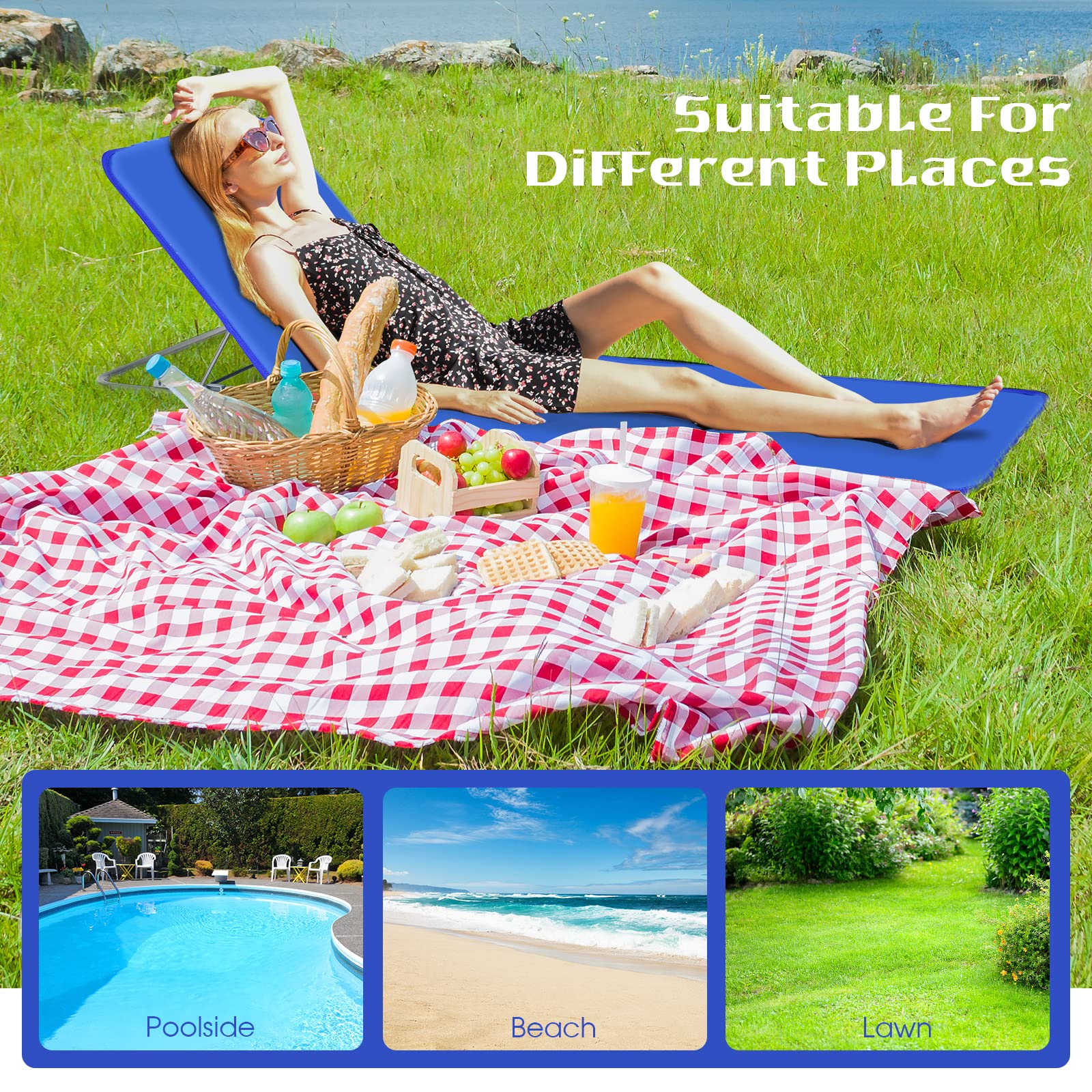 GIANTEX Lot de 2 Matelas de Plage Pliables avec Table d’Appoint, Chaises Longue Plage Réglables en 5 Positions avec Appui-Tête Amovible, Poche pour Jardin, Plage, Camping (Bleu)