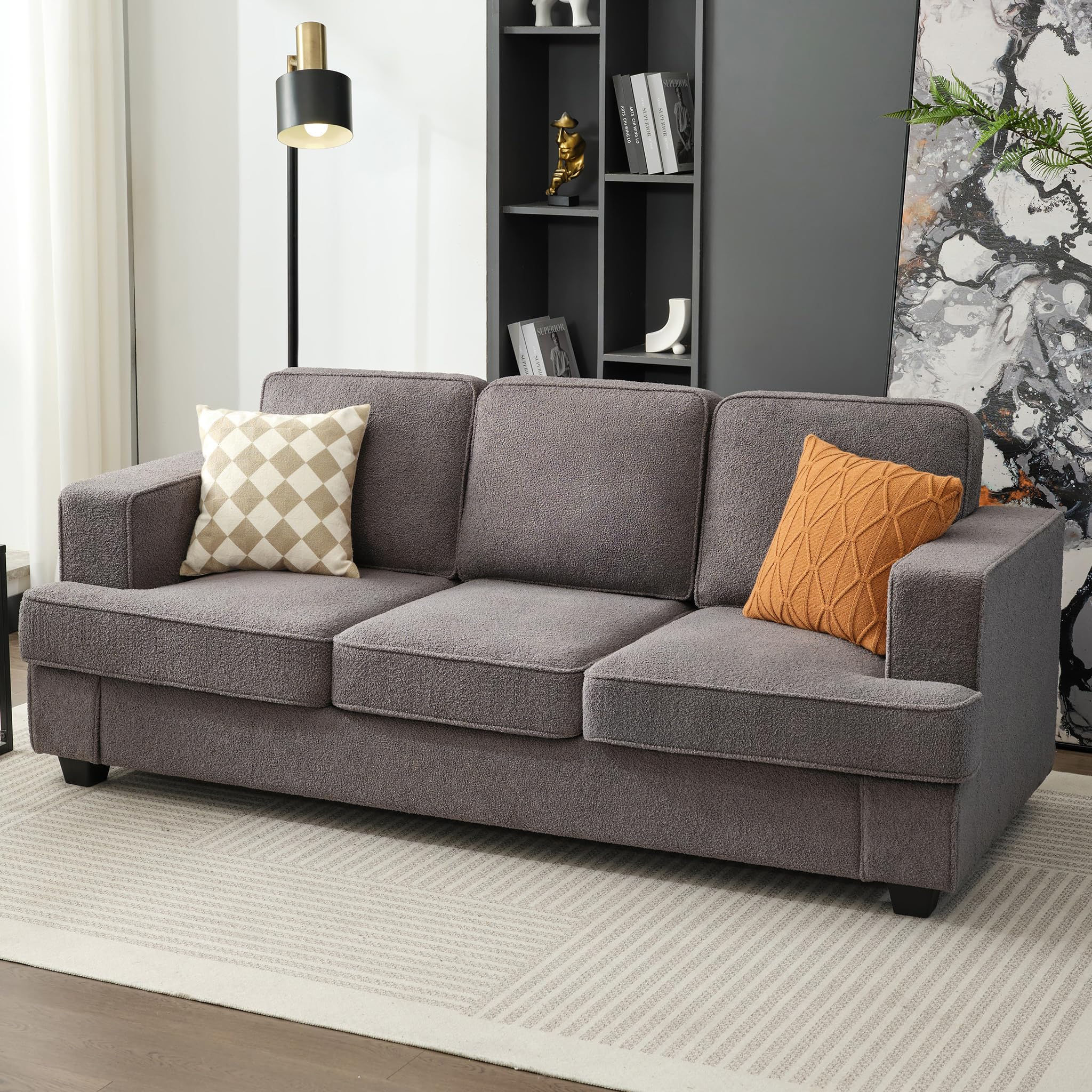 Boucle Couch, Couches and Sofas, Comfy Couch, Couches for Living Room, Sleeper Sofa with Extra Deep Seats, Modern Sofa, Teddy Velvet, Slate