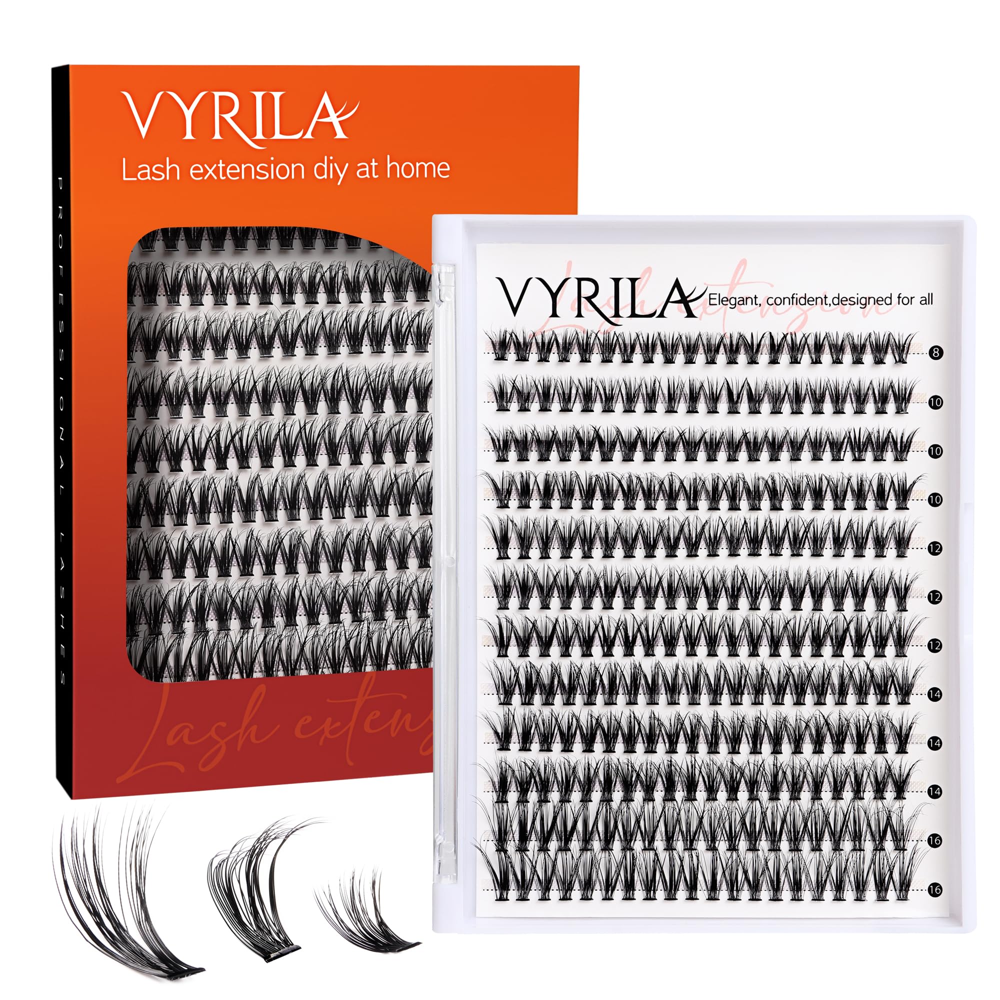 VYRILA Lash Cluster 240pcs Individual Lashes,8-16mm Diy Lash Extension,C Curl Lash Clusters Wispy,3D Natural Lash Clusters Look Like Eyelash Extension DIY at Home (Orange 30P-C-8-16mix)