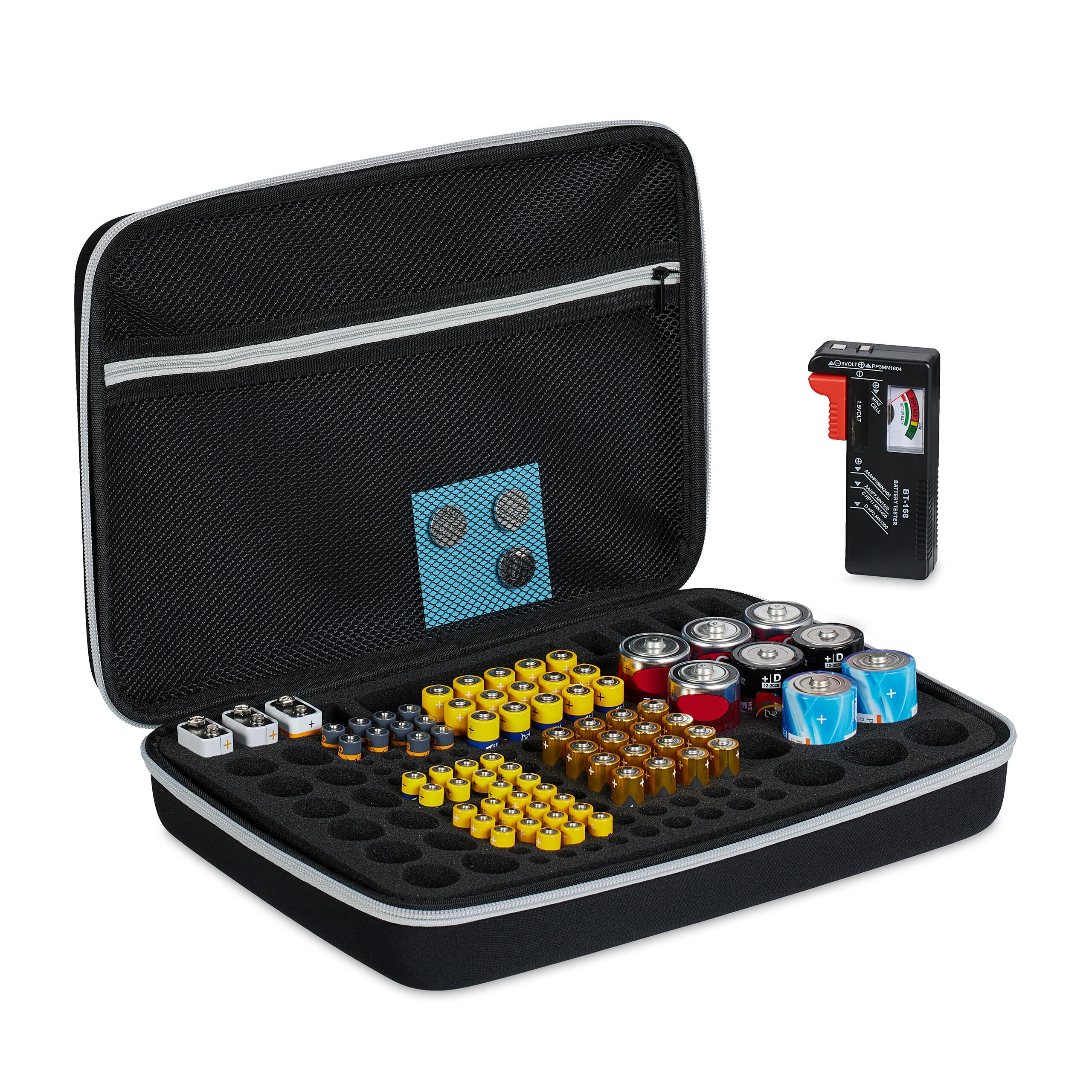 Organizador de pilas Relaxdays para 134 baterías AA y AAA con comprobador integrado negro