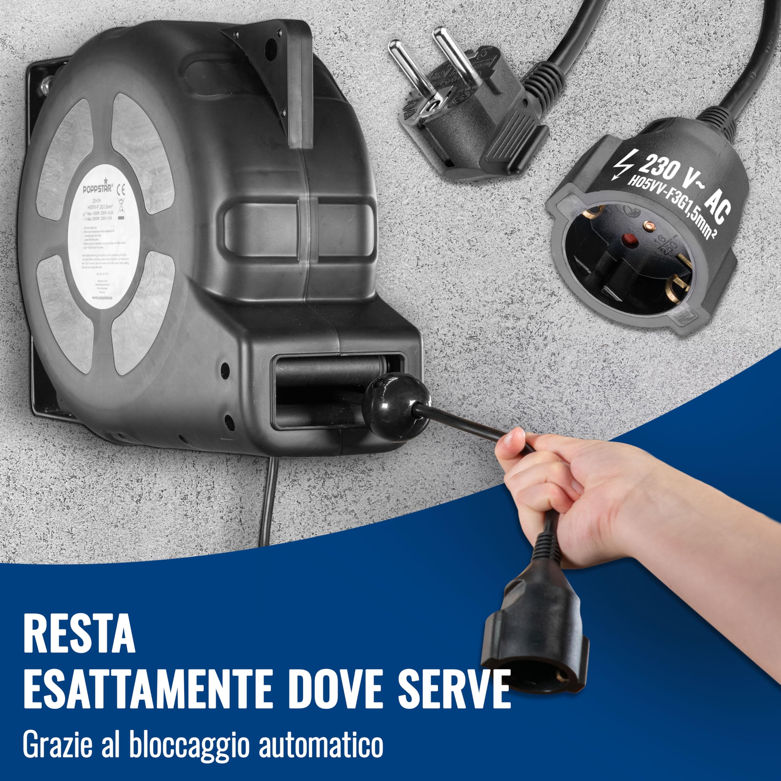 Poppstar Avvolgicavo automatico 20m + 2m (max. 3000W) Avvolgitore di cavi automatico autoavvolgente IP20 con interruttore di protezione termica