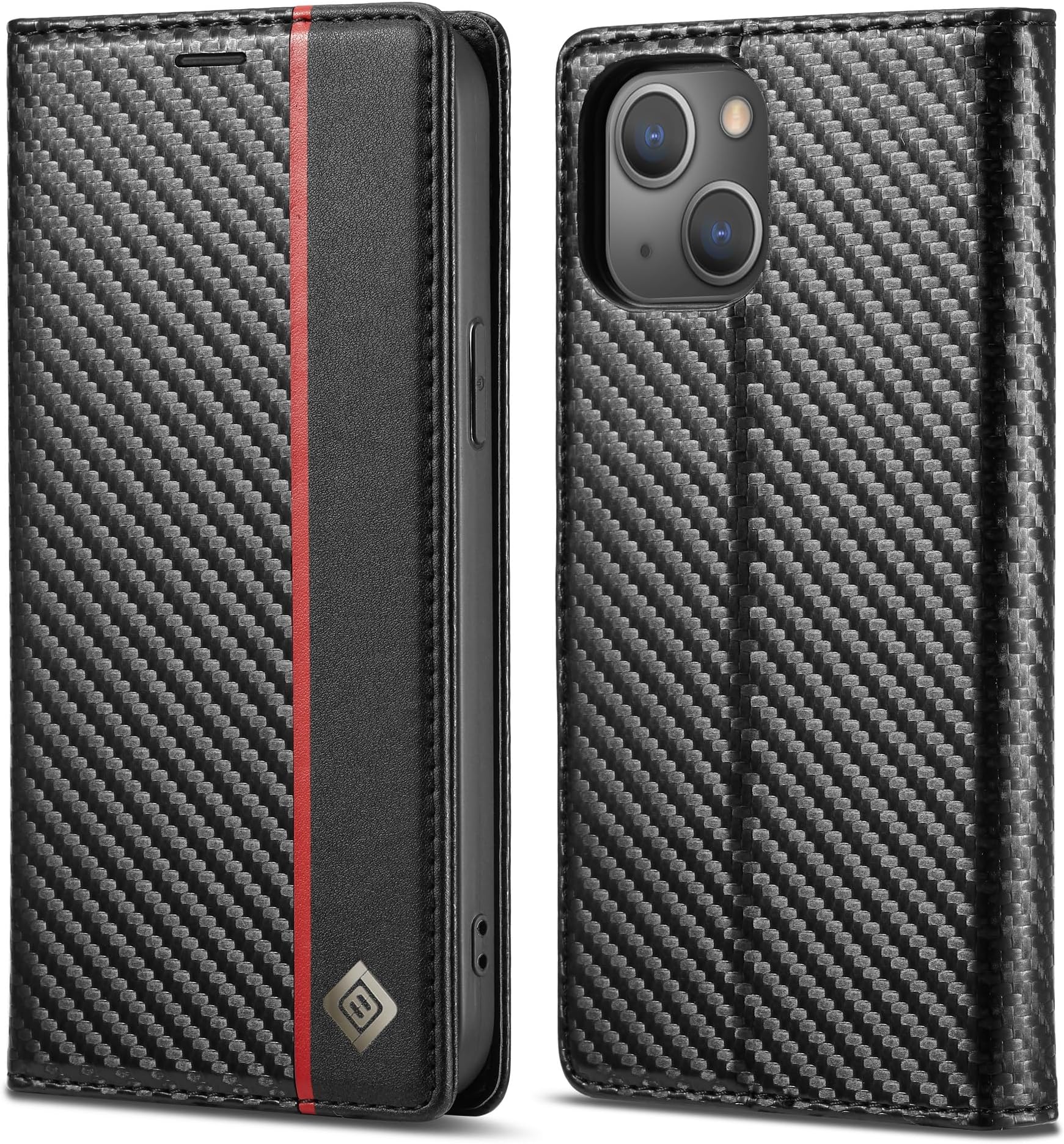 Cellphone Flip Case Ultra-Thin Case Compatible with iPhone 14,Luxury Carbon Fiber Texture PU Leather+TPU Hybrid Case,Full Protection Shockproof Flip Cover [Fingerprint Prevention][Camera＆Screen Protec