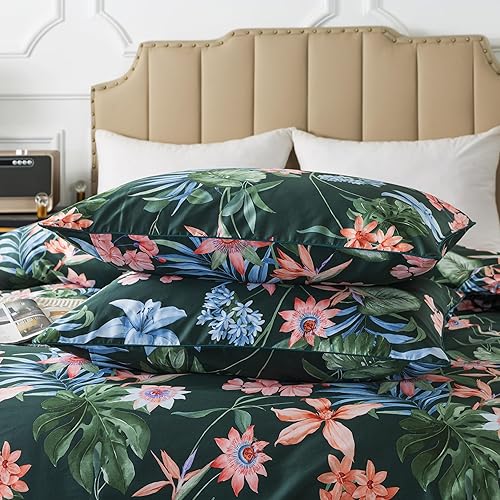 Miniatura 9 de Softta Juego de funda de edredón de 3 piezas, tamaño matrimonial, color verde, juego de ropa de cama de flores coloridas, 100% algodón puro, hojas