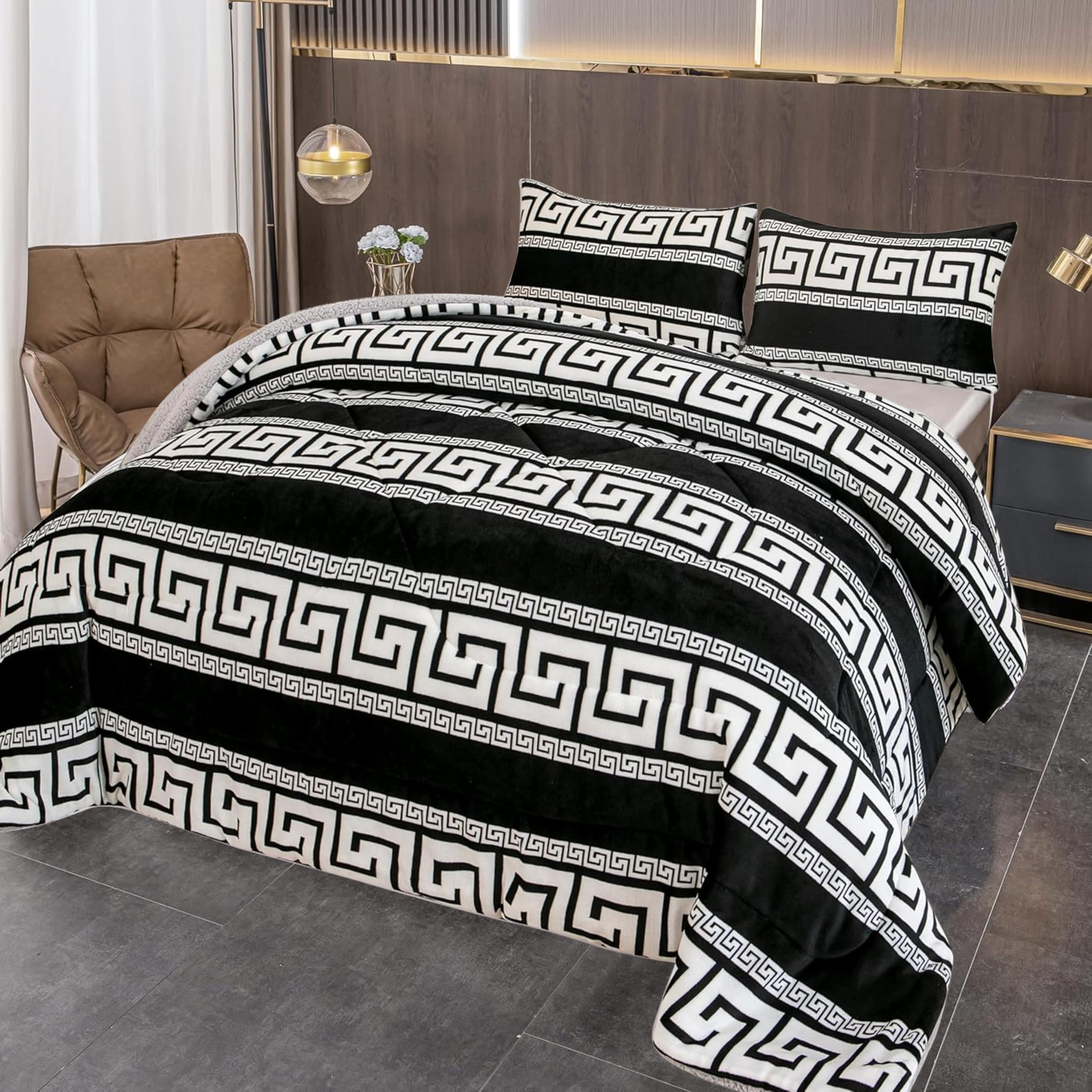 BESCH Edredón Invierno Nórdico de Franela con Forro Polar de Sherpa 240x260 cm + 2 Fundas de Almohada | Edredones Borreguillo Extra Suave para Cama, Cálido y Gruesa (Greco Negro)