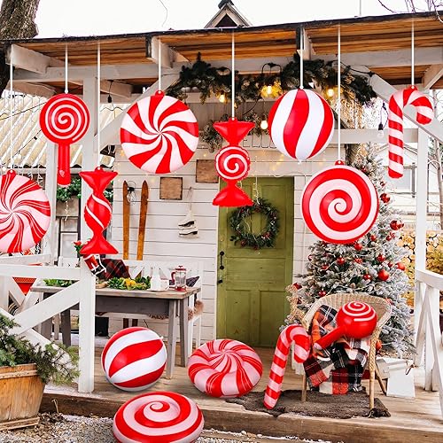 Miniatura 5 de Jetec 16 piezas de dulces inflables de Navidad de 9 pulgadas, decoración colgante de caramelo de bastón de caramelo, remolino, adorno inflable de