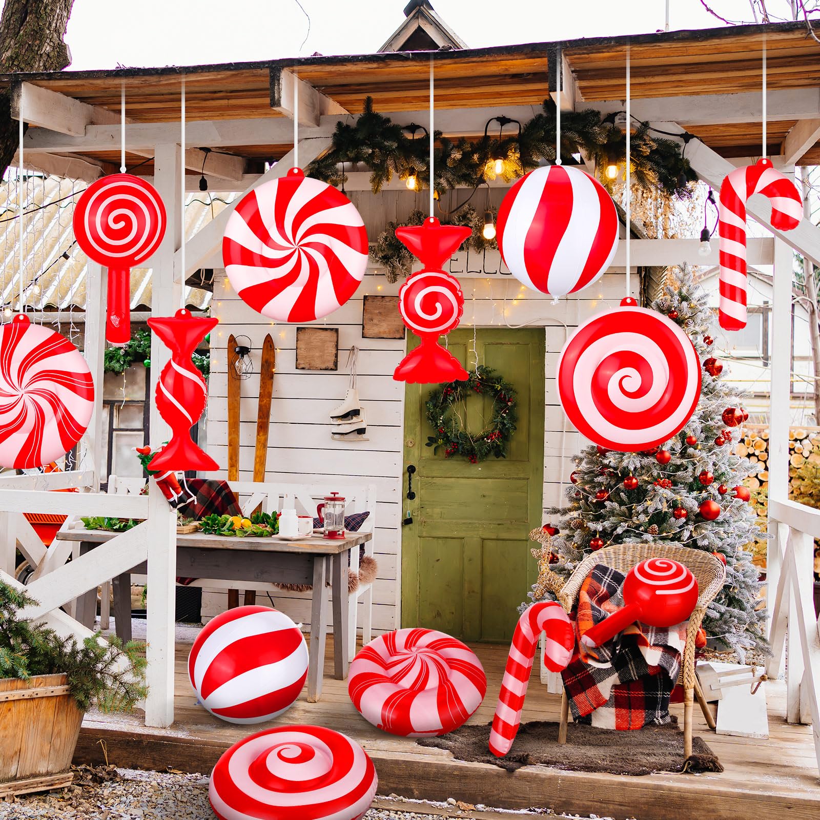 Jetec Lot de 16 décorations de Noël gonflables Rouges et Blanches de 22,9 cm à Suspendre en PVC pour Sapin de Noël, Cour, Porche