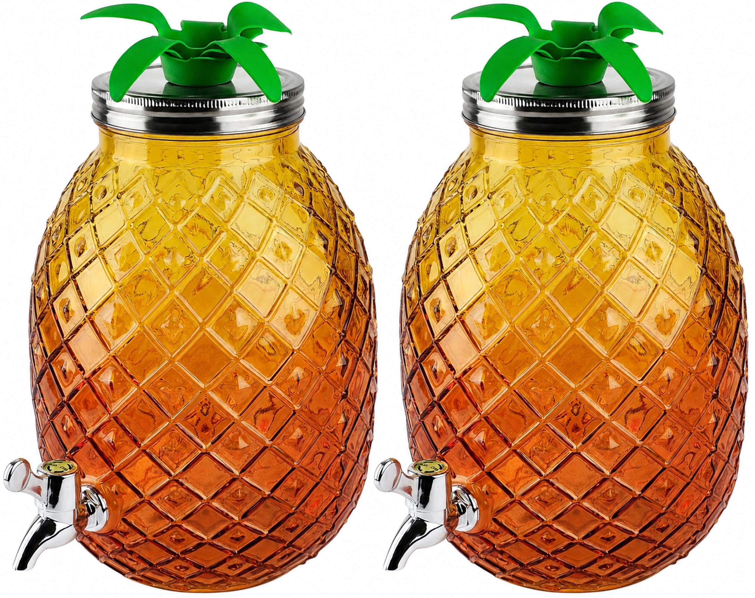 2er Set Getränkespender je 4,5L Ananas Glas mit Zapfhahn Getränkebehälter Saftspender Limonadenspender Partyspender Deckel 30cm für Cocktails Eistee Spender - gelb orange