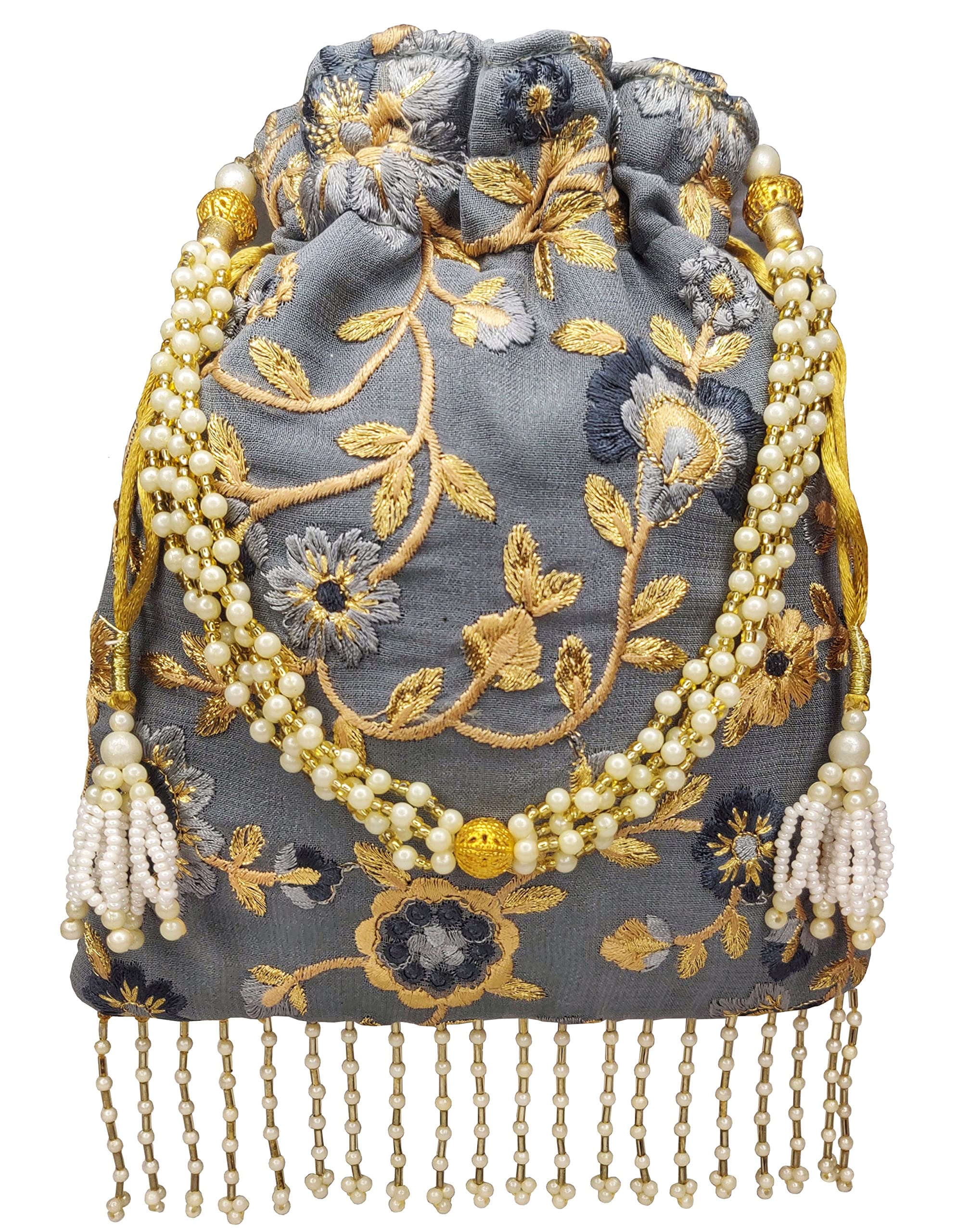 FRINGES Grey Potli Bag with Pearl Handle (B0BC9JBZJ6) Amazon Price History, Amazon Price Tracker